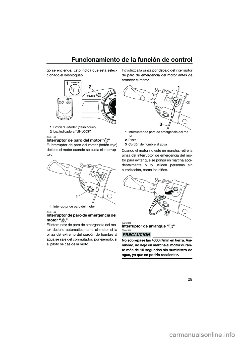 YAMAHA FX SVHO 2015 Manuale de Empleo (in Spanish) Funcionamiento de la función de control
29
go se enciende. Esto indica que está selec-
cionado el desbloqueo.
SJU31153Interruptor de paro del motor “ ”
El interruptor de paro del motor (botón r YAMAHA FX SVHO 2015 Manuale de Empleo (in Spanish) Funcionamiento de la función de control
29
go se enciende. Esto indica que está selec-
cionado el desbloqueo.
SJU31153Interruptor de paro del motor “ ”
El interruptor de paro del motor (botón r