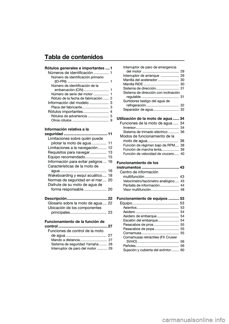 YAMAHA FX SVHO 2015  Manuale de Empleo (in Spanish) Tabla de contenidos
Rótulos generales e importantes .... 1Números de identificación ..............  1
Número de identificación primario 
(ID-PRI) ...........................................  1
N�