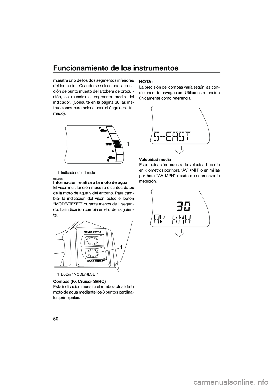 YAMAHA FX SVHO 2015 Manuale de Empleo (in Spanish) Funcionamiento de los instrumentos
50
muestra uno de los dos segmentos inferiores
del indicador. Cuando se selecciona la posi-
ción de punto muerto de la tobera de propul-
sión, se muestra el segmen YAMAHA FX SVHO 2015 Manuale de Empleo (in Spanish) Funcionamiento de los instrumentos
50
muestra uno de los dos segmentos inferiores
del indicador. Cuando se selecciona la posi-
ción de punto muerto de la tobera de propul-
sión, se muestra el segmen