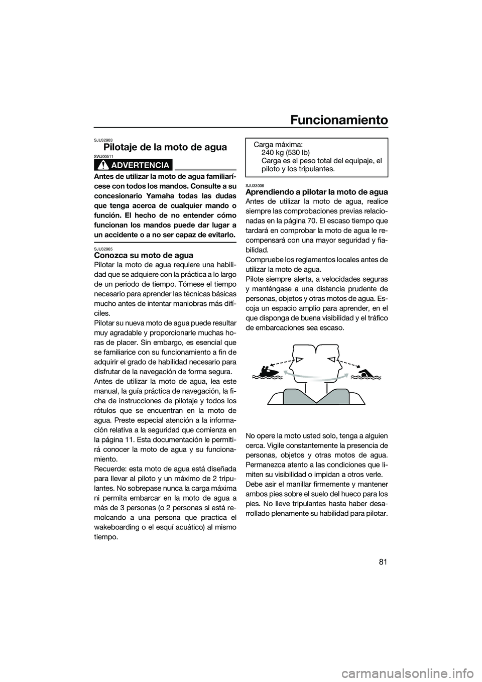 YAMAHA FX SVHO 2015 Manuale de Empleo (in Spanish) Funcionamiento
81
SJU32903
Pilotaje de la moto de agua
ADVERTENCIA
SWJ00511
Antes de utilizar la moto de agua familiarí-
cese con todos los mandos. Consulte a su
concesionario Yamaha todas las dudas
YAMAHA FX SVHO 2015 Manuale de Empleo (in Spanish) Funcionamiento
81
SJU32903
Pilotaje de la moto de agua
ADVERTENCIA
SWJ00511
Antes de utilizar la moto de agua familiarí-
cese con todos los mandos. Consulte a su
concesionario Yamaha todas las dudas