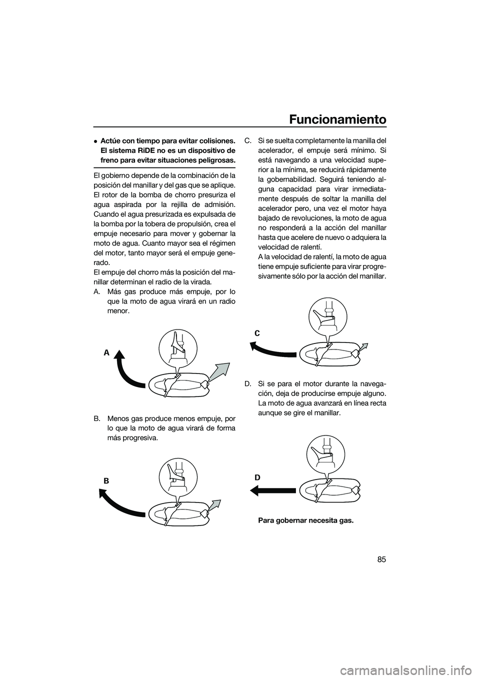 YAMAHA FX SVHO 2015 Manuale de Empleo (in Spanish) Funcionamiento
85
Actúe con tiempo para evitar colisiones.
El sistema RiDE no es un dispositivo de
freno para evitar situaciones peligrosas.
El gobierno depende de la combinación de la
posición YAMAHA FX SVHO 2015 Manuale de Empleo (in Spanish) Funcionamiento
85
Actúe con tiempo para evitar colisiones.
El sistema RiDE no es un dispositivo de
freno para evitar situaciones peligrosas.
El gobierno depende de la combinación de la
posición