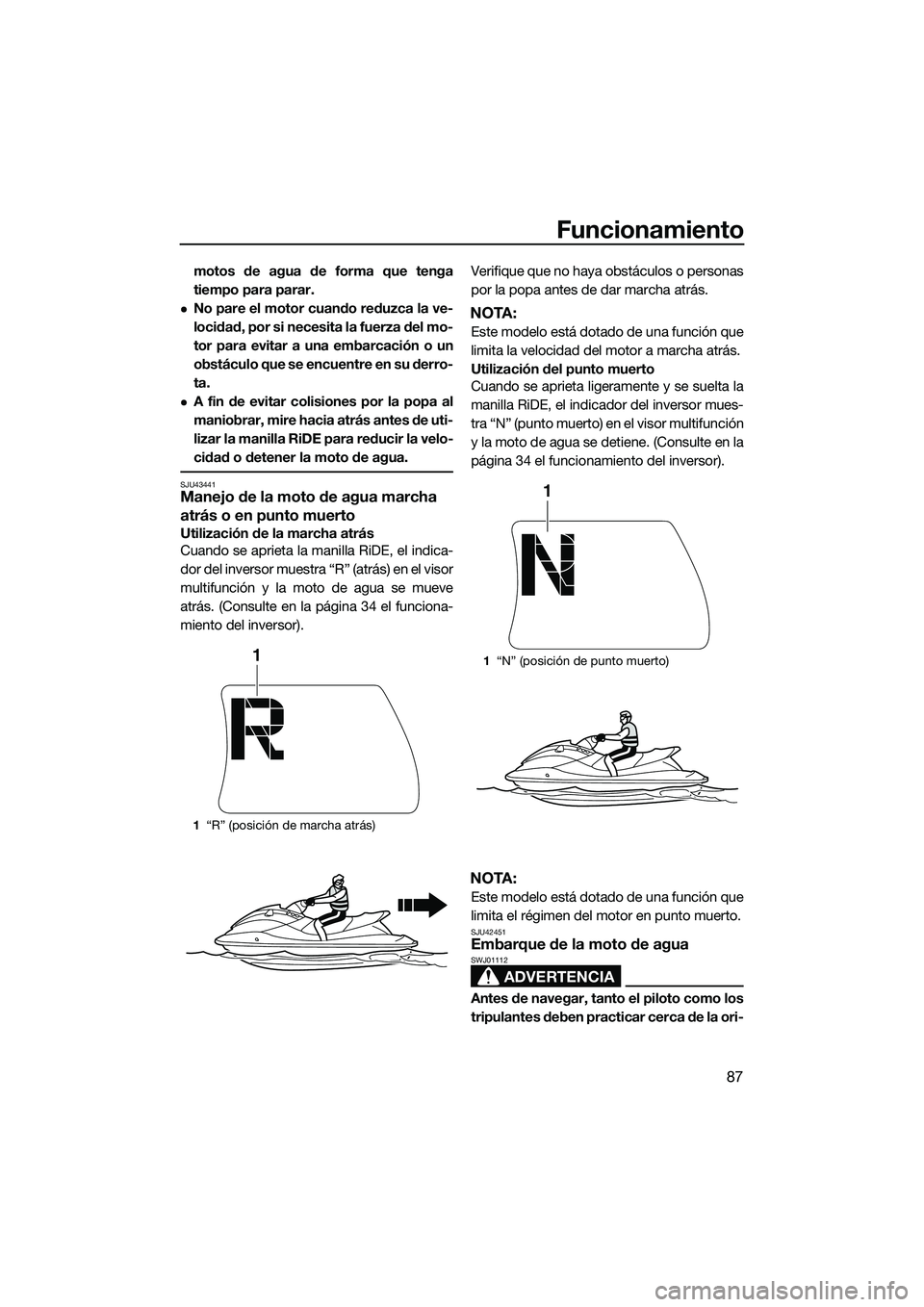 YAMAHA FX SVHO 2015 Manuale de Empleo (in Spanish) Funcionamiento
87
motos de agua de forma que tenga
tiempo para parar.
No pare el motor cuando reduzca la ve-
locidad, por si necesita la fuerza del mo-
tor para evitar a una embarcación o un
obst YAMAHA FX SVHO 2015 Manuale de Empleo (in Spanish) Funcionamiento
87
motos de agua de forma que tenga
tiempo para parar.
No pare el motor cuando reduzca la ve-
locidad, por si necesita la fuerza del mo-
tor para evitar a una embarcación o un
obst