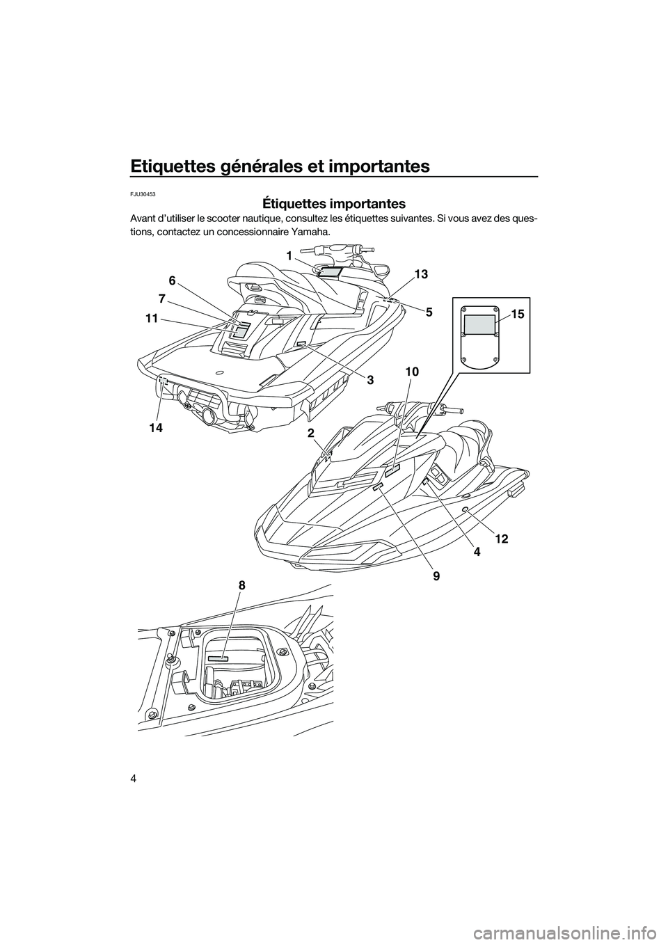 YAMAHA FX SVHO 2015 Notices Demploi (in French) Etiquettes générales et importantes
4
FJU30453
Étiquettes importantes
Avant d’utiliser le scooter nautique, consultez les étiquettes suivantes. Si vous avez des ques-
tions, contactez un concess YAMAHA FX SVHO 2015 Notices Demploi (in French) Etiquettes générales et importantes
4
FJU30453
Étiquettes importantes
Avant d’utiliser le scooter nautique, consultez les étiquettes suivantes. Si vous avez des ques-
tions, contactez un concess