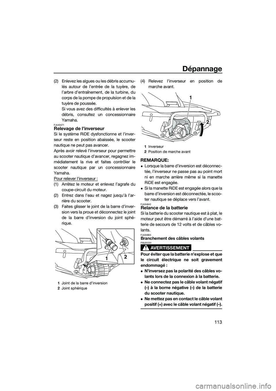 YAMAHA FX SVHO 2015  Notices Demploi (in French) Dépannage
113
(2) Enlevez les algues ou les débris accumu-lés autour de l’entrée de la tuyère, de
l’arbre d’entraînement, de la turbine, du
corps de la pompe de propulsion et de la
tuyère