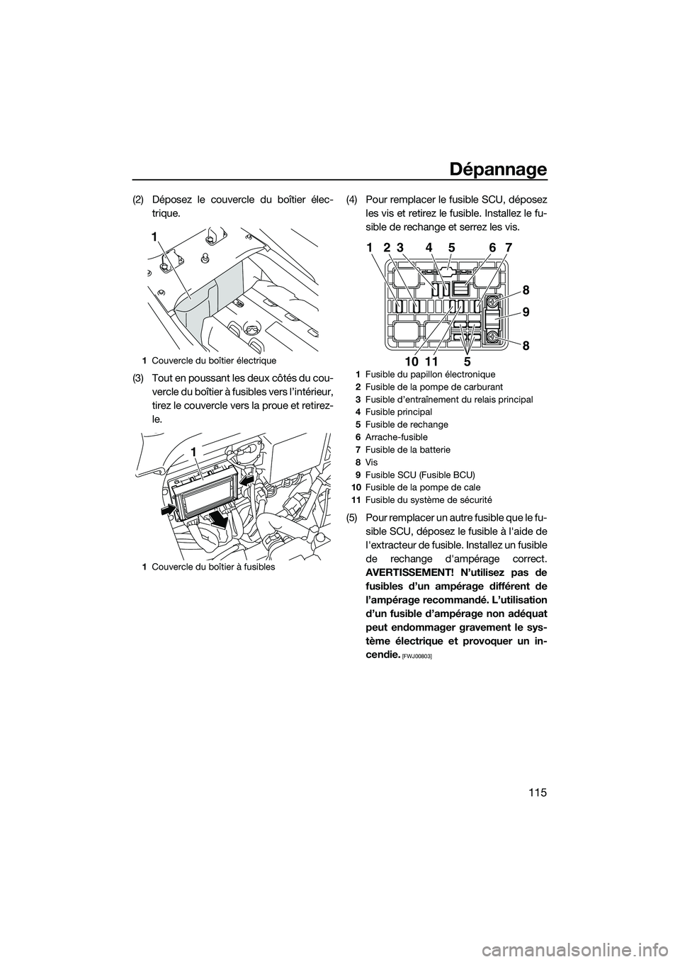 YAMAHA FX SVHO 2015  Notices Demploi (in French) Dépannage
115
(2) Déposez le couvercle du boîtier élec-trique.
(3) Tout en poussant les deux côtés du cou- vercle du boîtier à fusibles vers l’intérieur,
tirez le couvercle vers la proue et