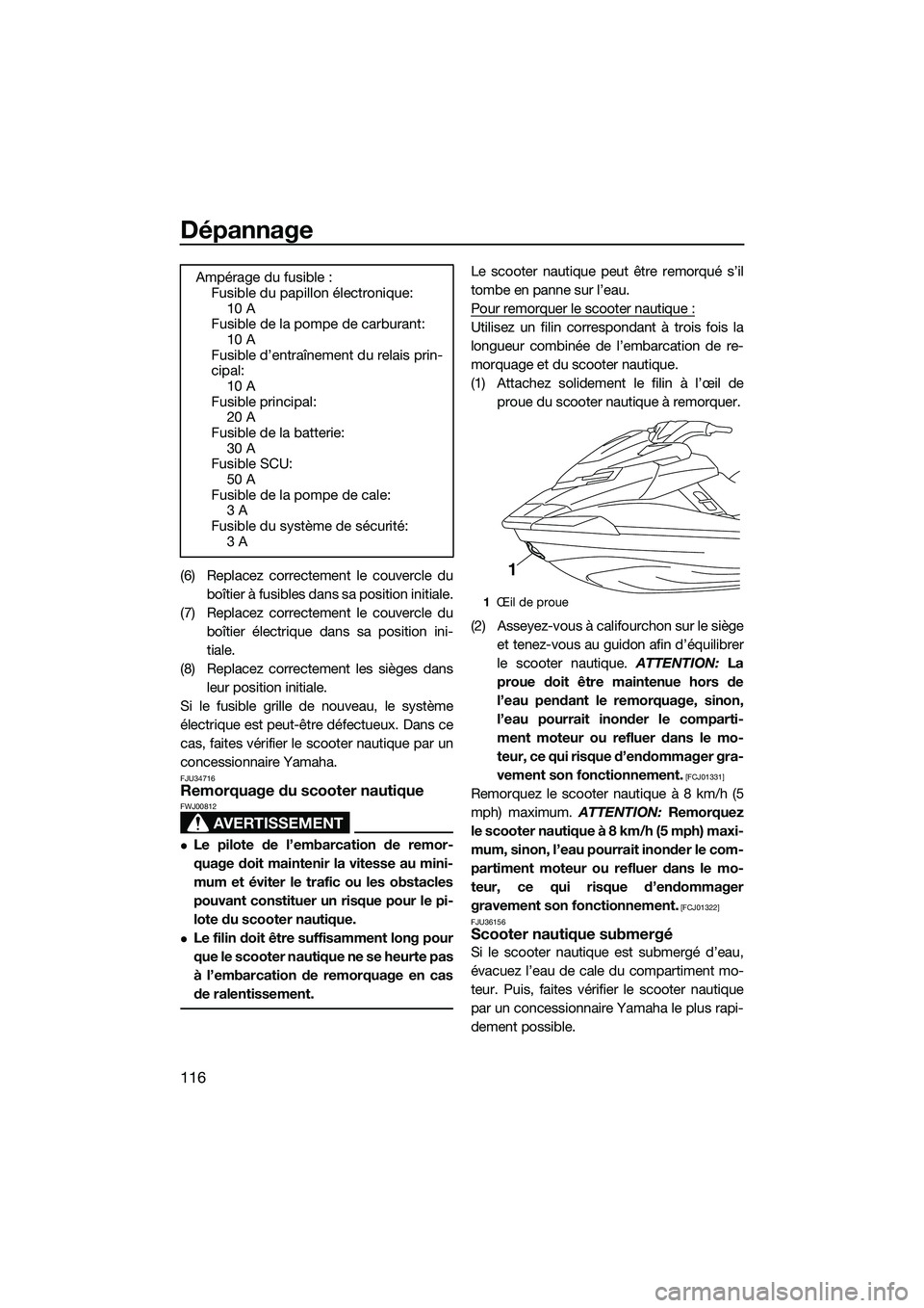 YAMAHA FX SVHO 2015  Notices Demploi (in French) Dépannage
116
(6) Replacez correctement le couvercle duboîtier à fusibles dans sa position initiale.
(7) Replacez correctement le couvercle du boîtier électrique dans sa position ini-
tiale.
(8) 