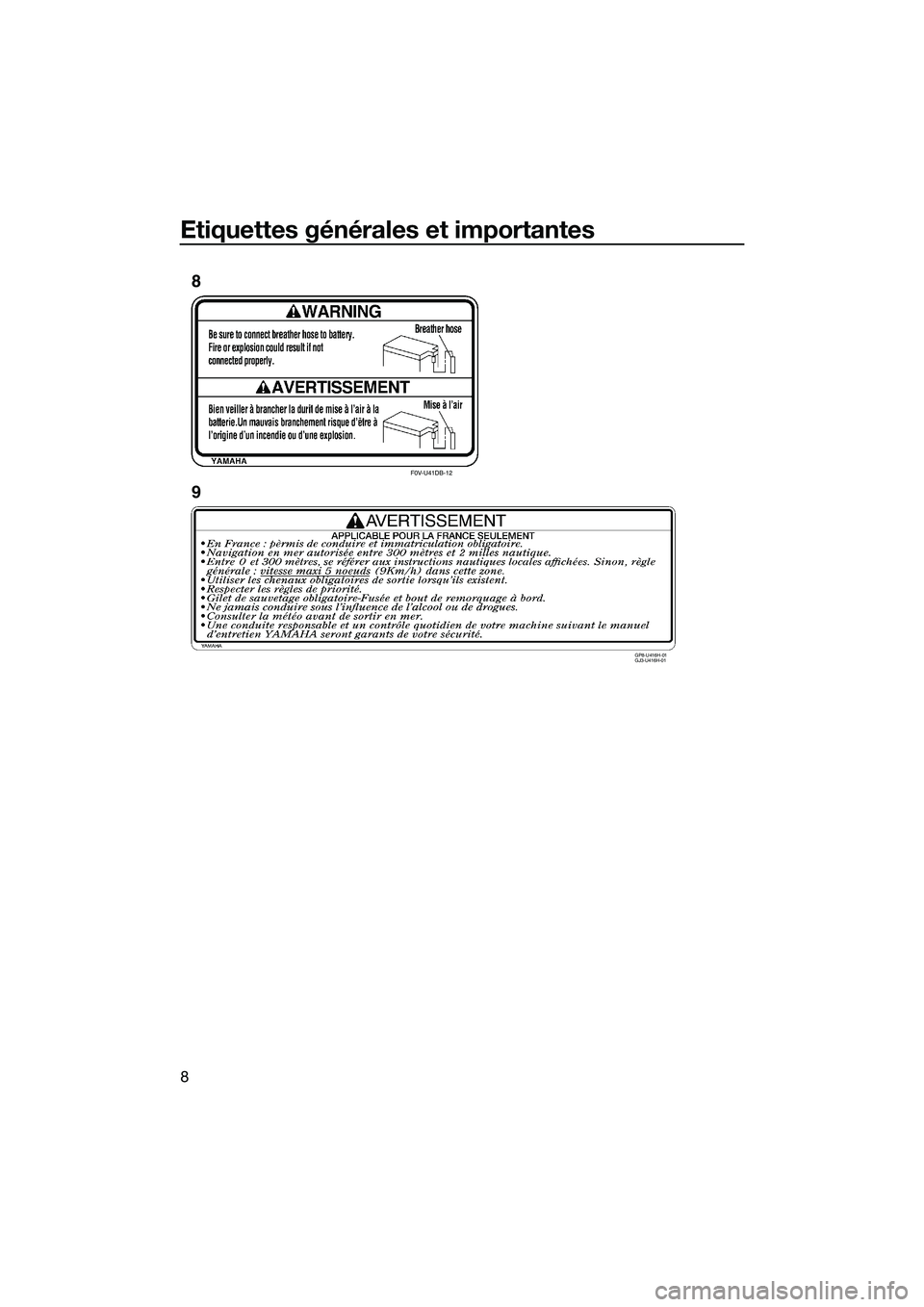 YAMAHA FX SVHO 2015 Notices Demploi (in French) Etiquettes générales et importantes
8
F0V-U41DB-12
GP8-U416H-01
GJ3-U416H-01
8
9
UF3J71F0.book Page 8 Thursday, June 26, 2014 11:07 AM YAMAHA FX SVHO 2015 Notices Demploi (in French) Etiquettes générales et importantes
8
F0V-U41DB-12
GP8-U416H-01
GJ3-U416H-01
8
9
UF3J71F0.book Page 8 Thursday, June 26, 2014 11:07 AM