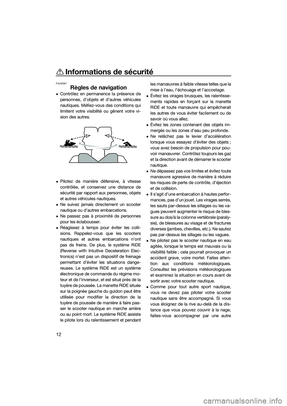 YAMAHA FX SVHO 2015 Notices Demploi (in French) Informations de sécurité
12
FJU43321
Règles de navigation
Contrôlez en permanence la présence de
personnes, d’objets et d’autres véhicules
nautiques. Méfiez-vous des conditions qui
limit YAMAHA FX SVHO 2015 Notices Demploi (in French) Informations de sécurité
12
FJU43321
Règles de navigation
Contrôlez en permanence la présence de
personnes, d’objets et d’autres véhicules
nautiques. Méfiez-vous des conditions qui
limit