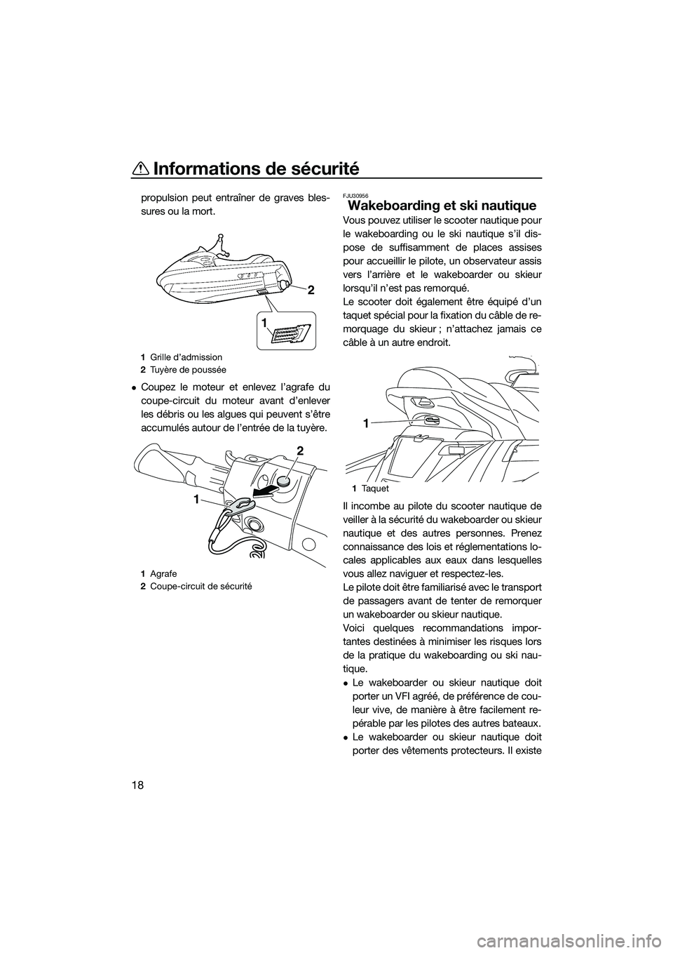 YAMAHA FX SVHO 2015  Notices Demploi (in French) Informations de sécurité
18
propulsion peut entraîner de graves bles-
sures ou la mort.
Coupez le moteur et enlevez l’agrafe du
coupe-circuit du moteur avant d’enlever
les débris ou les alg