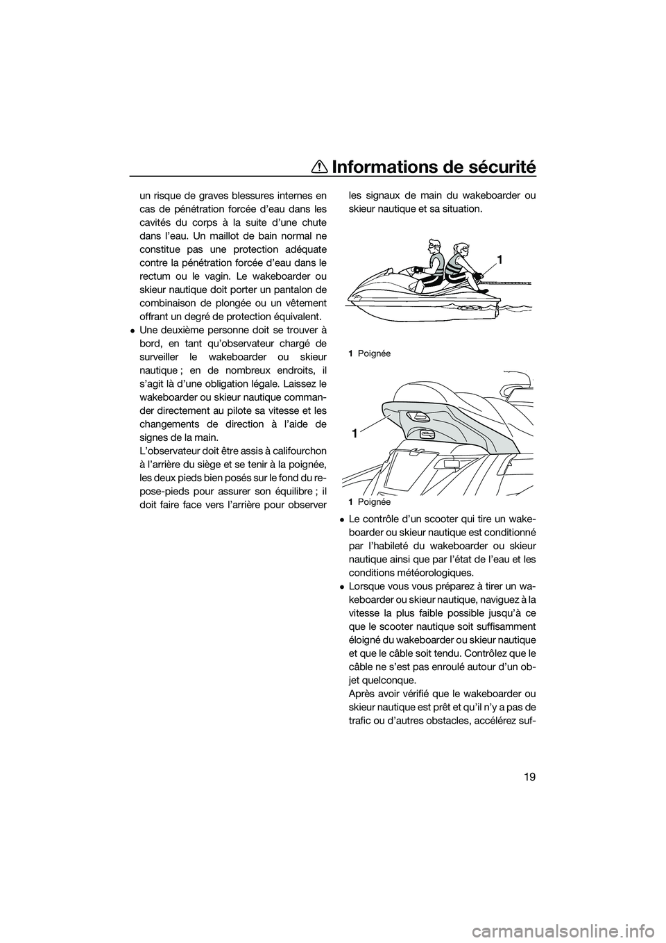 YAMAHA FX SVHO 2015  Notices Demploi (in French) Informations de sécurité
19
un risque de graves blessures internes en
cas de pénétration forcée d’eau dans les
cavités du corps à la suite d’une chute
dans l’eau. Un maillot de bain norma