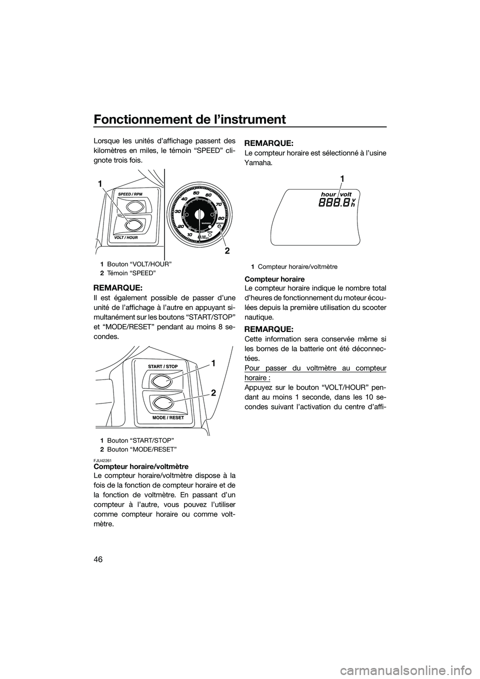 YAMAHA FX SVHO 2015 Notices Demploi (in French) Fonctionnement de l’instrument
46
Lorsque les unités d’affichage passent des
kilomètres en miles, le témoin “SPEED” cli-
gnote trois fois.
REMARQUE:
Il est également possible de passer d YAMAHA FX SVHO 2015 Notices Demploi (in French) Fonctionnement de l’instrument
46
Lorsque les unités d’affichage passent des
kilomètres en miles, le témoin “SPEED” cli-
gnote trois fois.
REMARQUE:
Il est également possible de passer d
