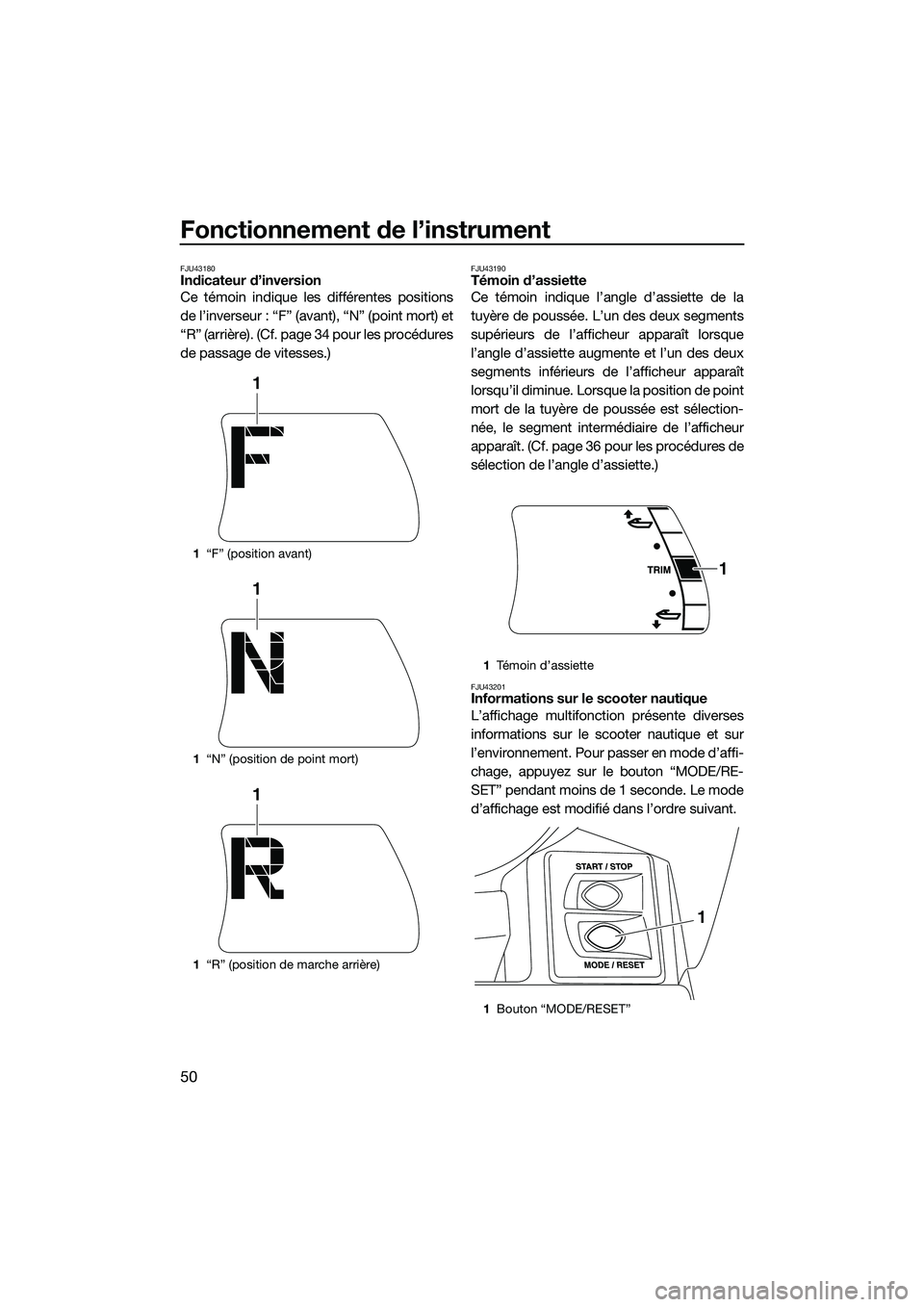 YAMAHA FX SVHO 2015 Notices Demploi (in French) Fonctionnement de l’instrument
50
FJU43180Indicateur d’inversion
Ce témoin indique les différentes positions
de l’inverseur : “F” (avant), “N” (point mort) et
“R” (arrière). (Cf. YAMAHA FX SVHO 2015 Notices Demploi (in French) Fonctionnement de l’instrument
50
FJU43180Indicateur d’inversion
Ce témoin indique les différentes positions
de l’inverseur : “F” (avant), “N” (point mort) et
“R” (arrière). (Cf.