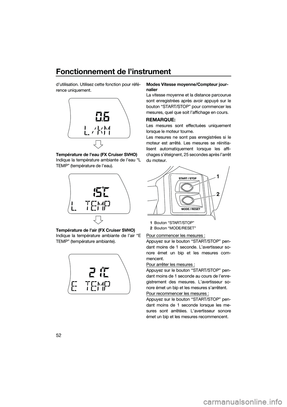 YAMAHA FX SVHO 2015 Notices Demploi (in French) Fonctionnement de l’instrument
52
d’utilisation. Utilisez cette fonction pour réfé-
rence uniquement.
Température de l’eau (FX Cruiser SVHO)
Indique la température ambiante de l’eau “L
T YAMAHA FX SVHO 2015 Notices Demploi (in French) Fonctionnement de l’instrument
52
d’utilisation. Utilisez cette fonction pour réfé-
rence uniquement.
Température de l’eau (FX Cruiser SVHO)
Indique la température ambiante de l’eau “L
T