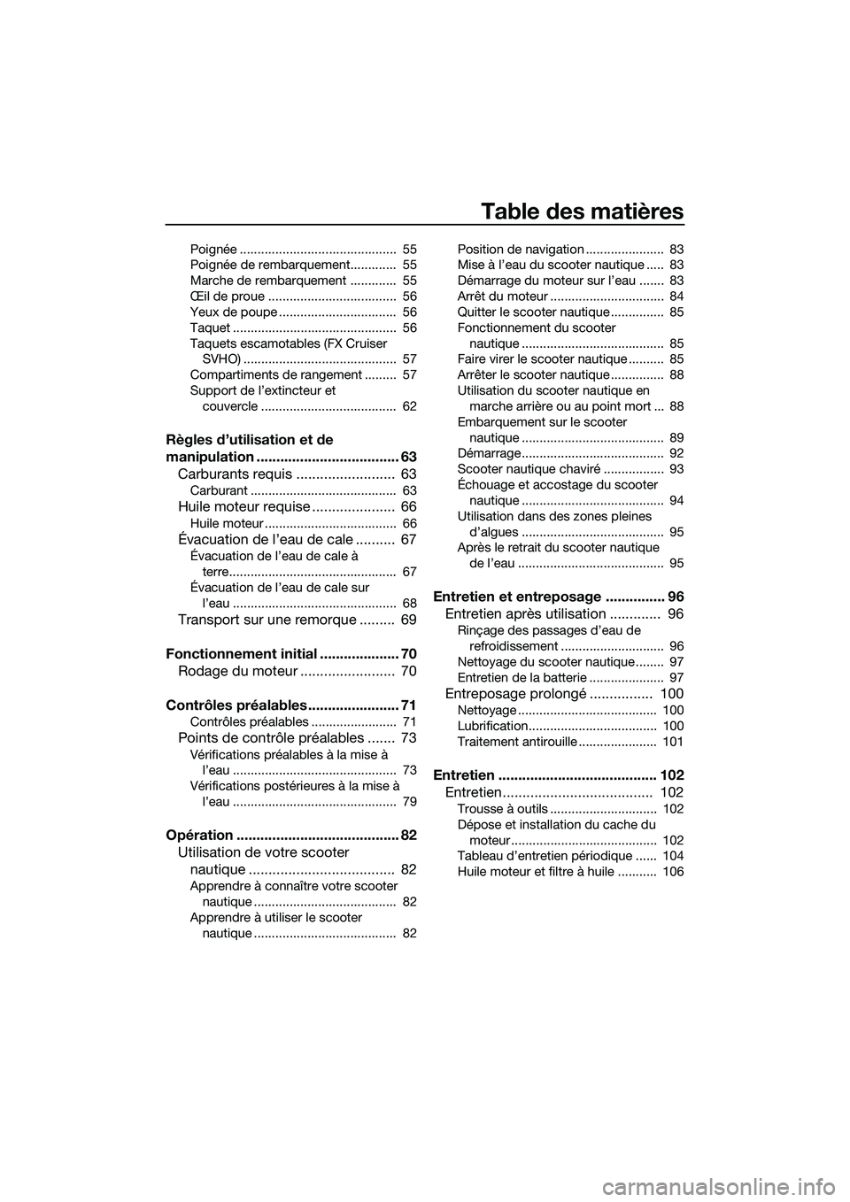 YAMAHA FX SVHO 2015 Notices Demploi (in French) Table des matières
Poignée ............................................ 55
Poignée de rembarquement............. 55
Marche de rembarquement ............. 55
Œil de proue ....................... YAMAHA FX SVHO 2015 Notices Demploi (in French) Table des matières
Poignée ............................................ 55
Poignée de rembarquement............. 55
Marche de rembarquement ............. 55
Œil de proue .......................