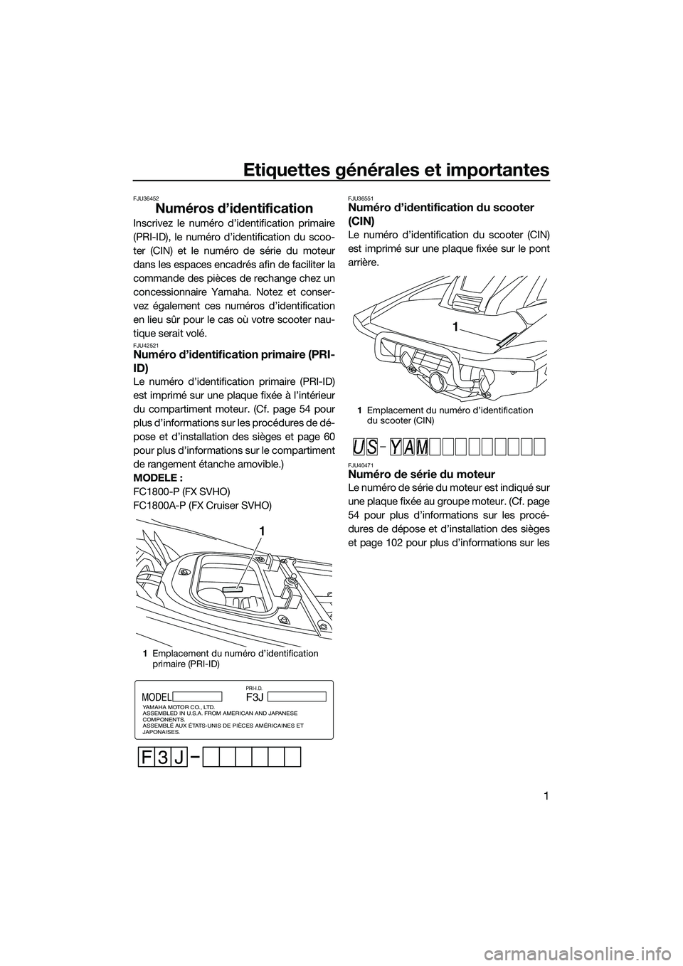 YAMAHA FX SVHO 2015  Notices Demploi (in French) Etiquettes générales et importantes
1
FJU36452
Numéros d’identification
Inscrivez le numéro d’identification primaire
(PRI-ID), le numéro d’identification du scoo-
ter (CIN) et le numéro d