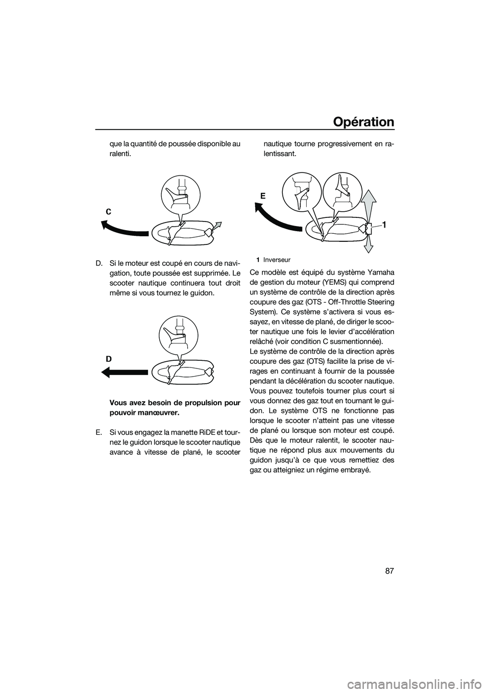 YAMAHA FX SVHO 2015  Notices Demploi (in French) Opération
87
que la quantité de poussée disponible au
ralenti.
D. Si le moteur est coupé en cours de navi- gation, toute poussée est supprimée. Le
scooter nautique continuera tout droit
même si