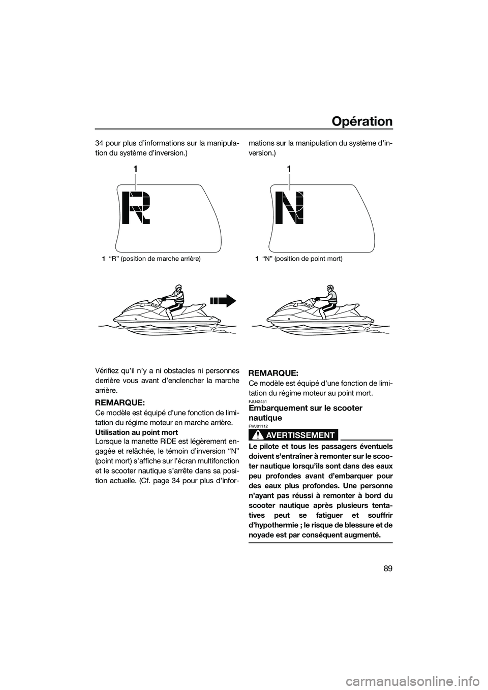 YAMAHA FX SVHO 2015  Notices Demploi (in French) Opération
89
34 pour plus d’informations sur la manipula-
tion du système d’inversion.)
Vérifiez qu’il n’y a ni obstacles ni personnes
derrière vous avant d’enclencher la marche
arrière