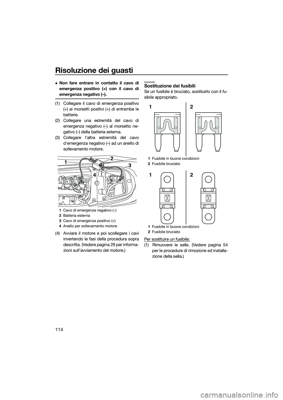 YAMAHA FX SVHO 2015  Manuale duso (in Italian) Risoluzione dei guasti
114
Non fare entrare in contatto il cavo di
emergenza positivo (+) con il cavo di
emergenza negativo (–).
(1) Collegare il cavo di emergenza positivo(+) ai morsetti positiv