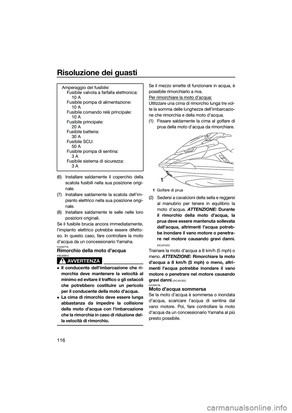 YAMAHA FX SVHO 2015  Manuale duso (in Italian) Risoluzione dei guasti
116
(6) Installare saldamente il coperchio dellascatola fusibili nella sua posizione origi-
nale.
(7) Installare saldamente la scatola dell’im- pianto elettrico nella sua posi