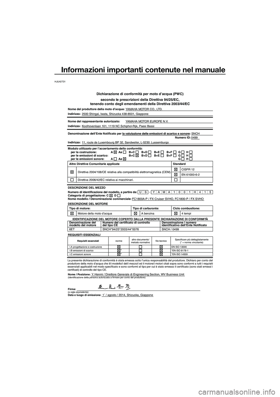 YAMAHA FX SVHO 2015 Manuale duso (in Italian) Informazioni importanti contenute nel manuale
HJU42731
Dichiarazione di conformità per moto d’acqua (PWC)secondo le prescrizioni della Direttiva 94/25/EC,
tenendo conto degli emendamenti della Dire YAMAHA FX SVHO 2015 Manuale duso (in Italian) Informazioni importanti contenute nel manuale
HJU42731
Dichiarazione di conformità per moto d’acqua (PWC)secondo le prescrizioni della Direttiva 94/25/EC,
tenendo conto degli emendamenti della Dire