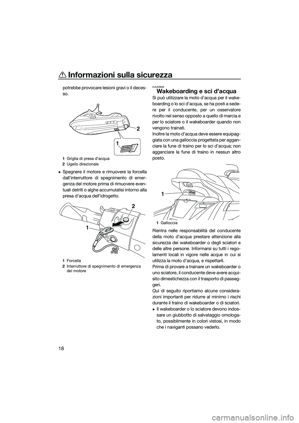 YAMAHA FX SVHO 2015  Manuale duso (in Italian) Informazioni sulla sicurezza
18
potrebbe provocare lesioni gravi o il deces-
so.
Spegnere il motore e rimuovere la forcella
dall’interruttore di spegnimento di emer-
genza del motore prima di rim