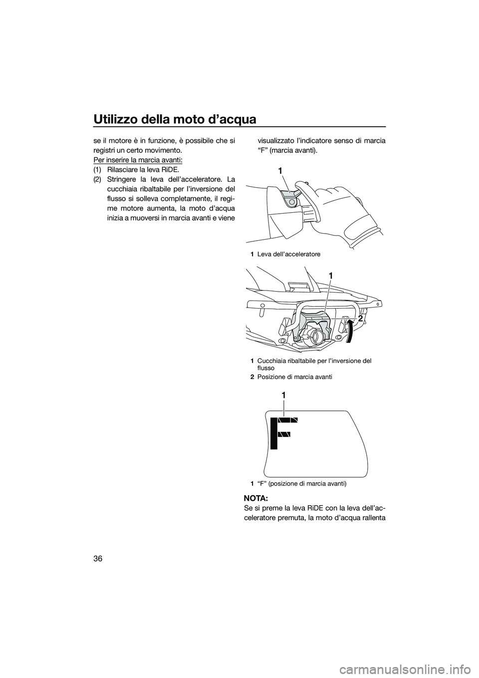 YAMAHA FX SVHO 2015  Manuale duso (in Italian) Utilizzo della moto d’acqua
36
se il motore è in funzione, è possibile che si
registri un certo movimento.
Per inserire la marcia avanti:
(1) Rilasciare la leva RiDE.
(2) Stringere la leva dell’
