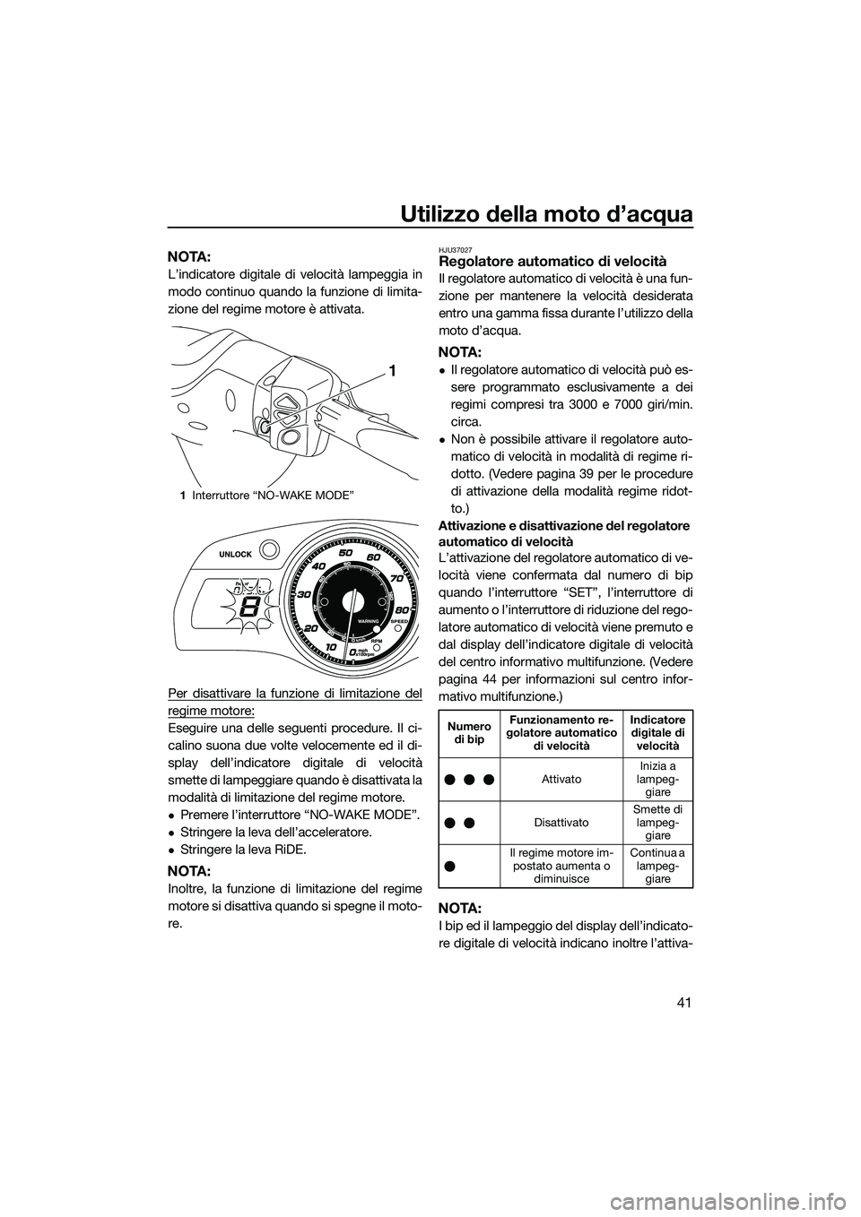 YAMAHA FX SVHO 2015  Manuale duso (in Italian) Utilizzo della moto d’acqua
41
NOTA:
L’indicatore digitale di velocità lampeggia in
modo continuo quando la funzione di limita-
zione del regime motore è attivata.
Per disattivare la funzione di