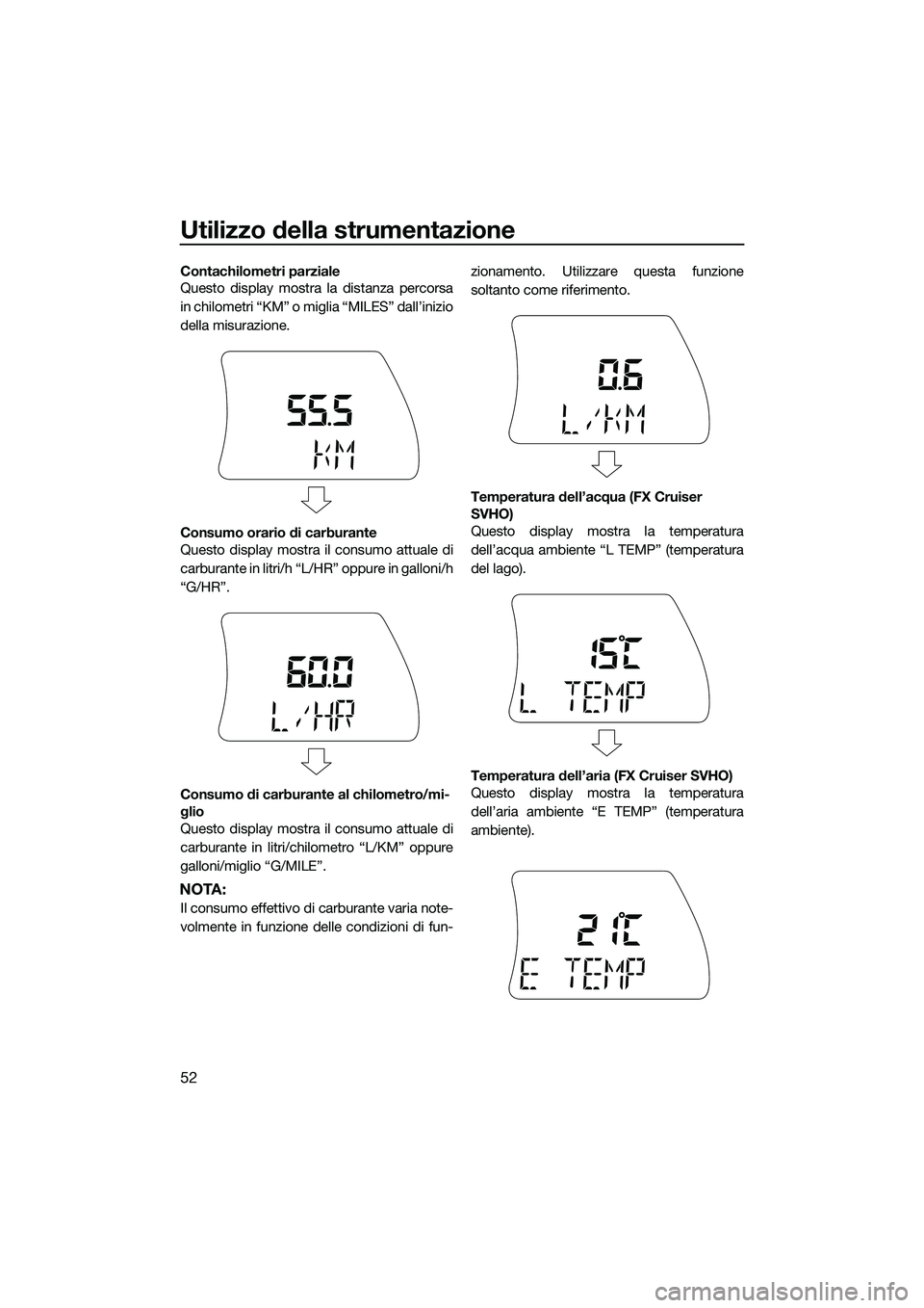 YAMAHA FX SVHO 2015 Manuale duso (in Italian) Utilizzo della strumentazione
52
Contachilometri parziale
Questo display mostra la distanza percorsa
in chilometri “KM” o miglia “MILES” dall’inizio
della misurazione.
Consumo orario di carb YAMAHA FX SVHO 2015 Manuale duso (in Italian) Utilizzo della strumentazione
52
Contachilometri parziale
Questo display mostra la distanza percorsa
in chilometri “KM” o miglia “MILES” dall’inizio
della misurazione.
Consumo orario di carb