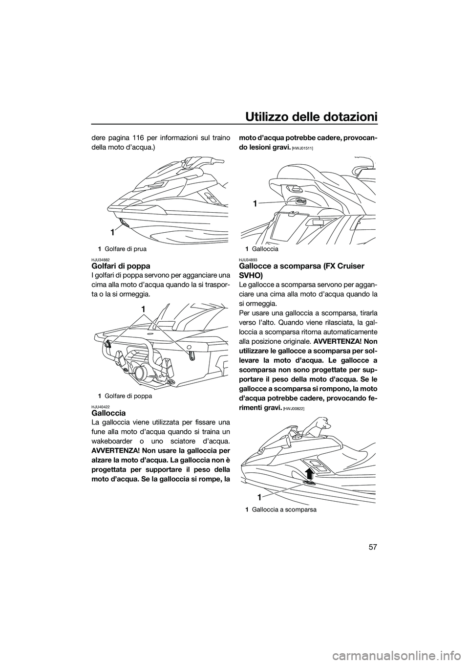YAMAHA FX SVHO 2015 Manuale duso (in Italian) Utilizzo delle dotazioni
57
dere pagina 116 per informazioni sul traino
della moto d’acqua.)
HJU34882Golfari di poppa
I golfari di poppa servono per agganciare una
cima alla moto d’acqua quando la YAMAHA FX SVHO 2015 Manuale duso (in Italian) Utilizzo delle dotazioni
57
dere pagina 116 per informazioni sul traino
della moto d’acqua.)
HJU34882Golfari di poppa
I golfari di poppa servono per agganciare una
cima alla moto d’acqua quando la