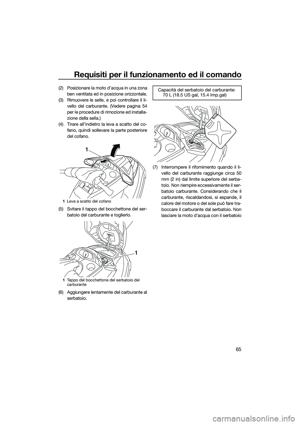 YAMAHA FX SVHO 2015 Manuale duso (in Italian) Requisiti per il funzionamento ed il comando
65
(2) Posizionare la moto d’acqua in una zonaben ventilata ed in posizione orizzontale.
(3) Rimuovere le selle, e poi controllare il li- vello del carbu YAMAHA FX SVHO 2015 Manuale duso (in Italian) Requisiti per il funzionamento ed il comando
65
(2) Posizionare la moto d’acqua in una zonaben ventilata ed in posizione orizzontale.
(3) Rimuovere le selle, e poi controllare il li- vello del carbu