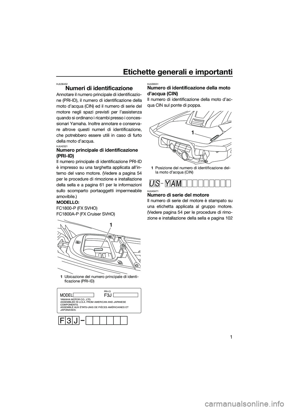 YAMAHA FX SVHO 2015 Manuale duso (in Italian) Etichette generali e importanti
1
HJU36452
Numeri di identificazione
Annotare il numero principale di identificazio-
ne (PRI-ID), il numero di identificazione della
moto d’acqua (CIN) ed il numero d YAMAHA FX SVHO 2015 Manuale duso (in Italian) Etichette generali e importanti
1
HJU36452
Numeri di identificazione
Annotare il numero principale di identificazio-
ne (PRI-ID), il numero di identificazione della
moto d’acqua (CIN) ed il numero d