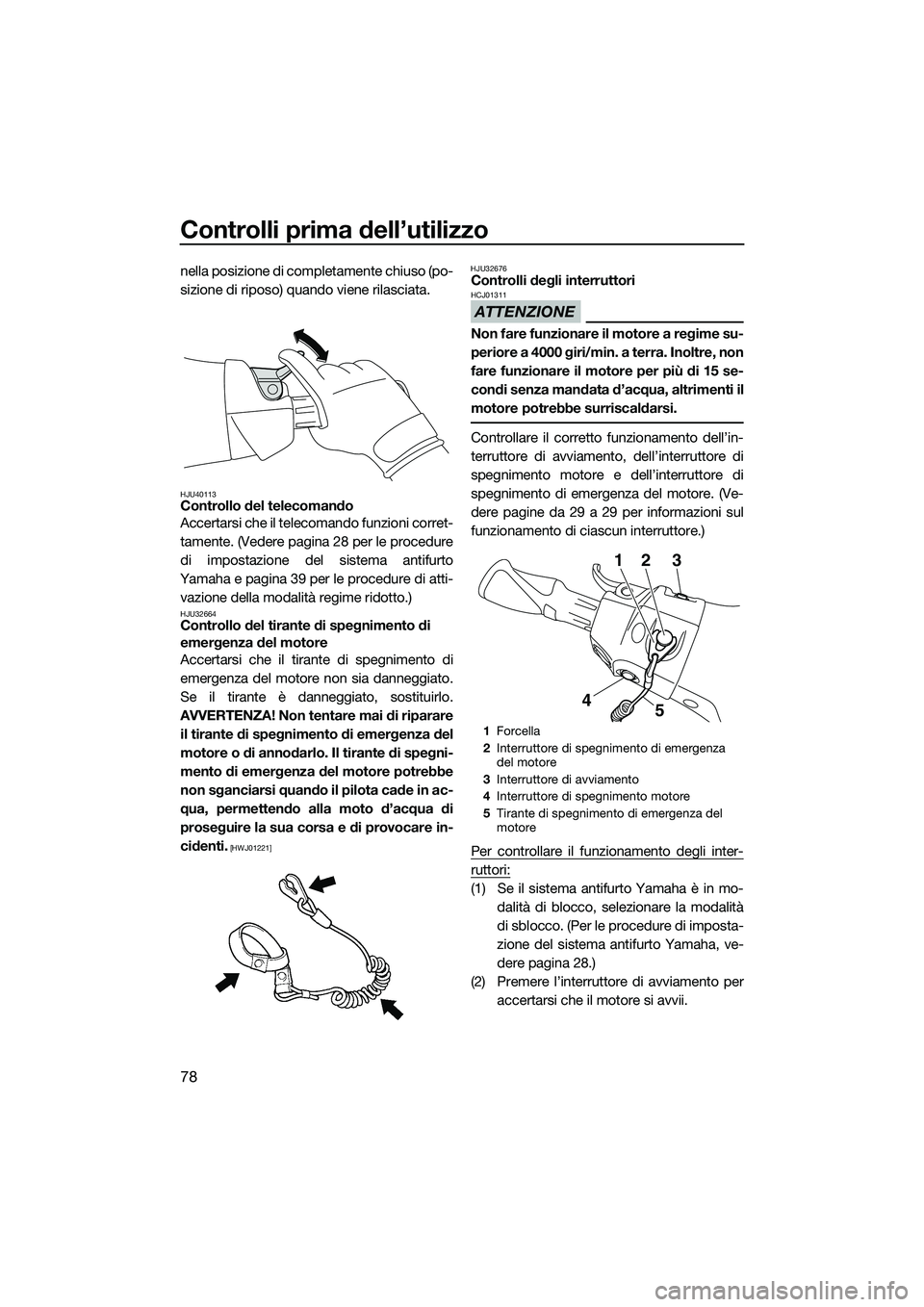 YAMAHA FX SVHO 2015 Manuale duso (in Italian) Controlli prima dell’utilizzo
78
nella posizione di completamente chiuso (po-
sizione di riposo) quando viene rilasciata.
HJU40113Controllo del telecomando
Accertarsi che il telecomando funzioni cor YAMAHA FX SVHO 2015 Manuale duso (in Italian) Controlli prima dell’utilizzo
78
nella posizione di completamente chiuso (po-
sizione di riposo) quando viene rilasciata.
HJU40113Controllo del telecomando
Accertarsi che il telecomando funzioni cor
