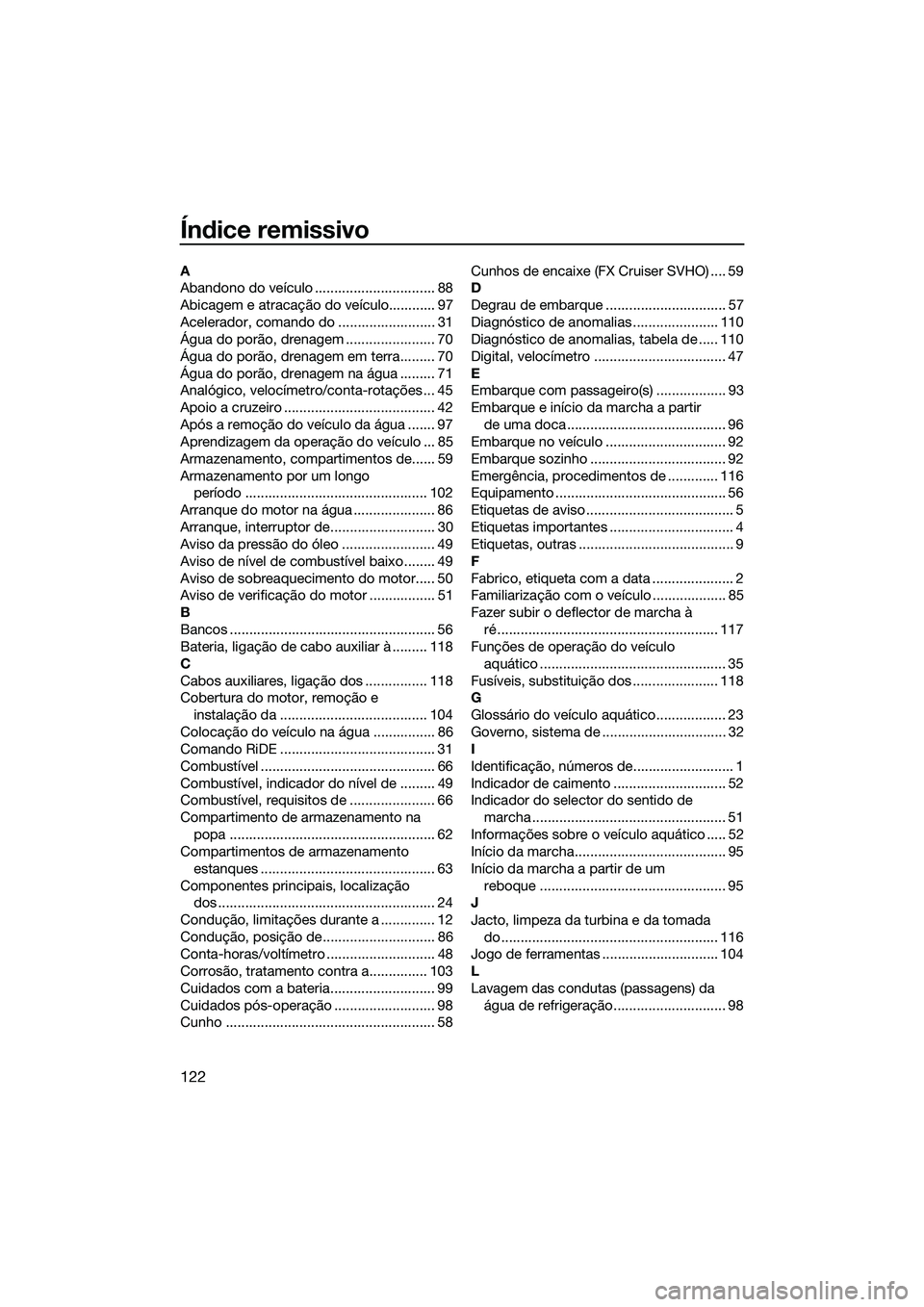 YAMAHA FX SVHO 2015 Manual de utilização (in Portuguese) 122
Índice remissivo
A
Abandono do veículo ............................... 88
Abicagem e atracação do veículo............ 97
Acelerador, comando do ......................... 31
Água do porão, d YAMAHA FX SVHO 2015 Manual de utilização (in Portuguese) 122
Índice remissivo
A
Abandono do veículo ............................... 88
Abicagem e atracação do veículo............ 97
Acelerador, comando do ......................... 31
Água do porão, d