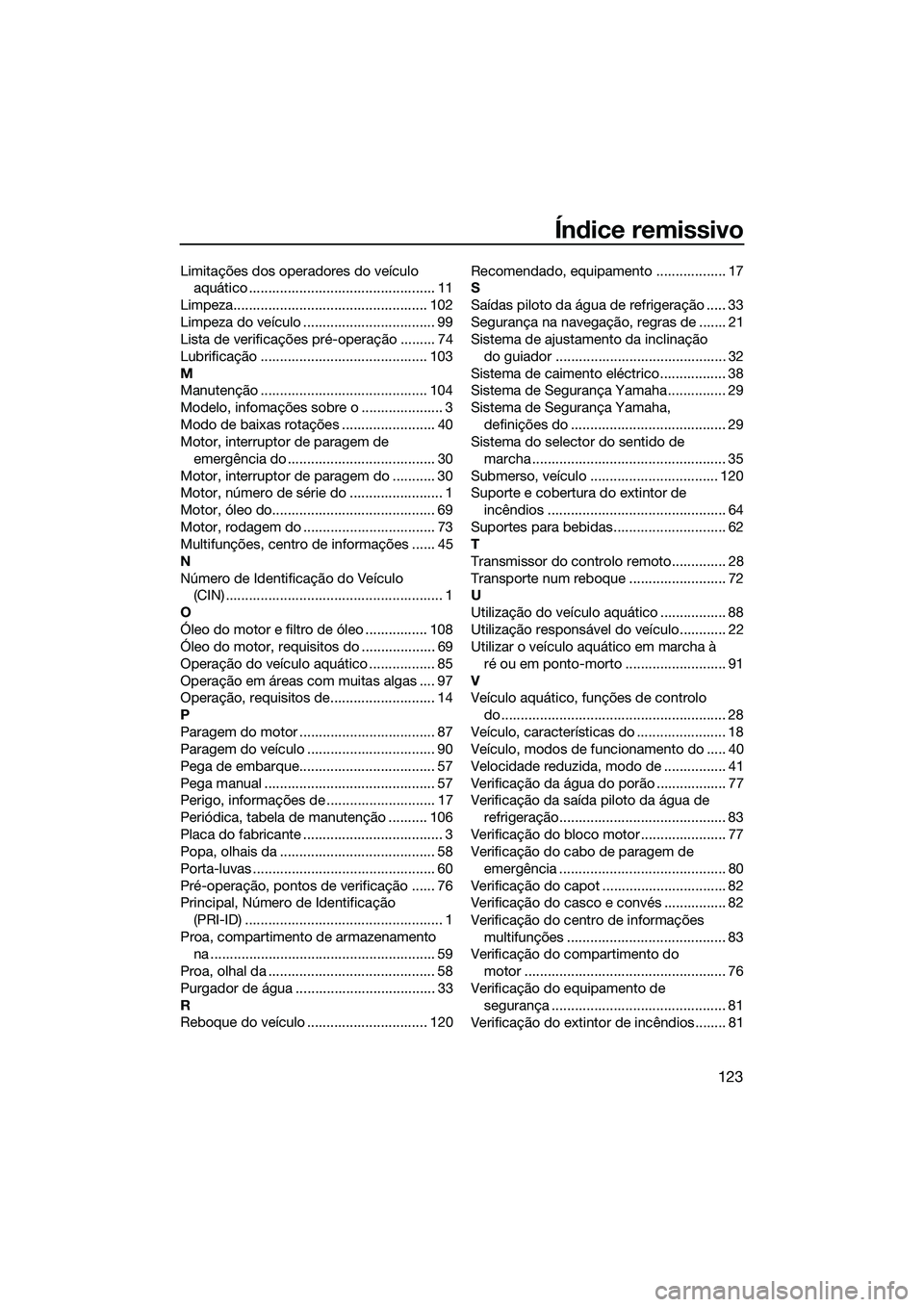 YAMAHA FX SVHO 2015 Manual de utilização (in Portuguese) Índice remissivo
123
Limitações dos operadores do veículo aquático ................................................ 11
Limpeza.................................................. 102
Limpeza do ve YAMAHA FX SVHO 2015 Manual de utilização (in Portuguese) Índice remissivo
123
Limitações dos operadores do veículo aquático ................................................ 11
Limpeza.................................................. 102
Limpeza do ve