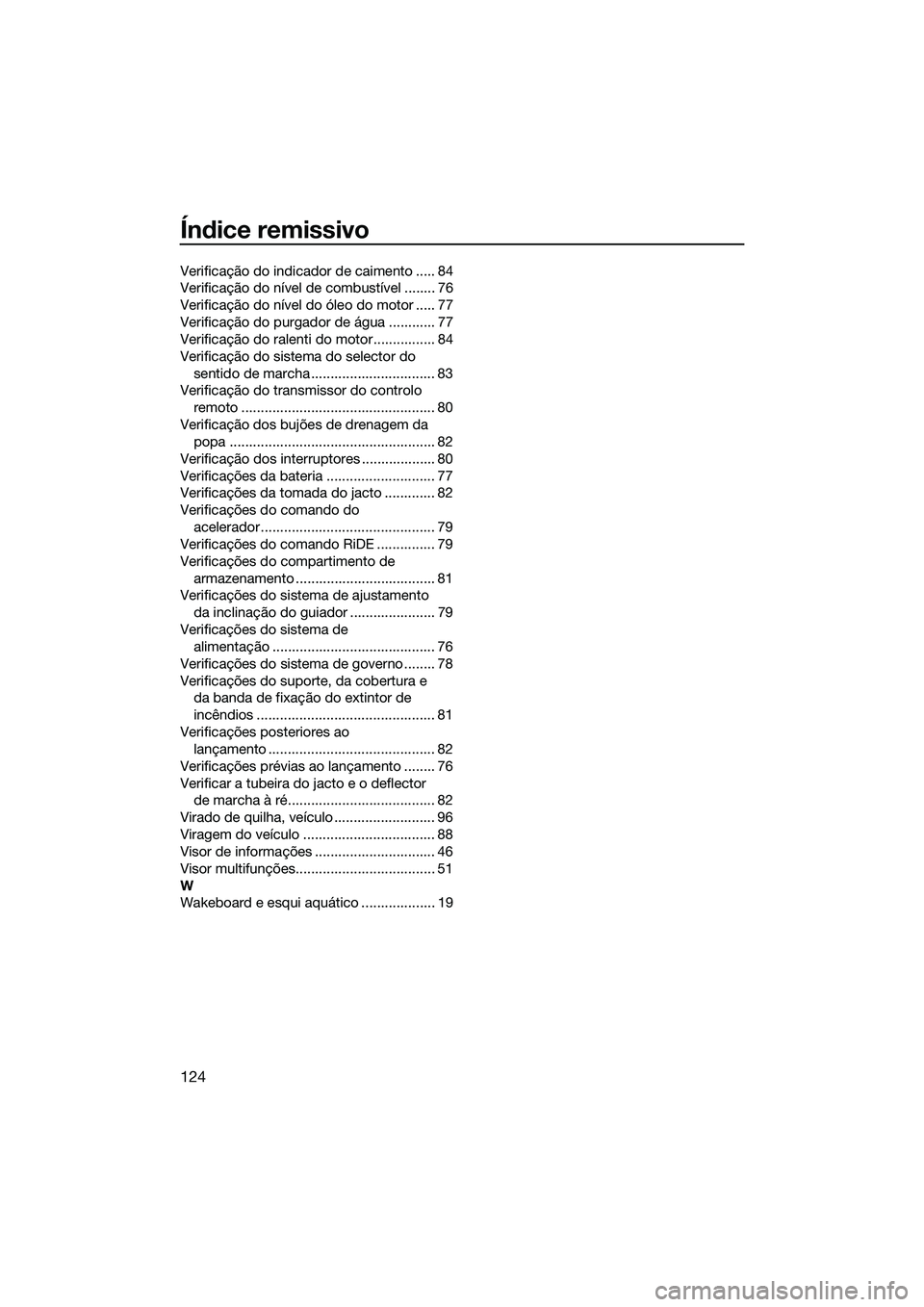 YAMAHA FX SVHO 2015 Manual de utilização (in Portuguese) Índice remissivo
124
Verificação do indicador de caimento ..... 84
Verificação do nível de combustível ........ 76
Verificação do nível do óleo do motor ..... 77
Verificação do purgador d YAMAHA FX SVHO 2015 Manual de utilização (in Portuguese) Índice remissivo
124
Verificação do indicador de caimento ..... 84
Verificação do nível de combustível ........ 76
Verificação do nível do óleo do motor ..... 77
Verificação do purgador d