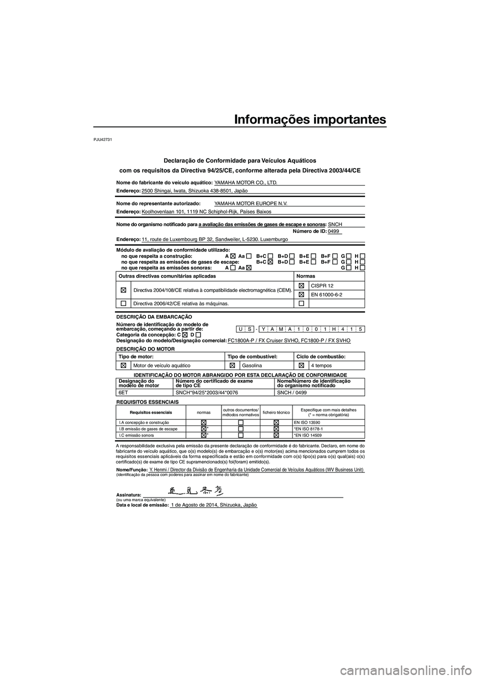 YAMAHA FX SVHO 2015 Manual de utilização (in Portuguese) Informações importantes
PJU42731
Declaração de Conformidade para Veículos Aquáticos
com os requisitos da Directiva 94/25/CE, conforme alterada pela Directiva 2003/44/CE
Nome do fabricante do ve YAMAHA FX SVHO 2015 Manual de utilização (in Portuguese) Informações importantes
PJU42731
Declaração de Conformidade para Veículos Aquáticos
com os requisitos da Directiva 94/25/CE, conforme alterada pela Directiva 2003/44/CE
Nome do fabricante do ve
