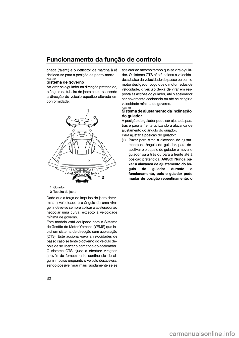 YAMAHA FX SVHO 2015 Manual de utilização (in Portuguese) Funcionamento da função de controlo
32
chada (ralenti) e o deflector de marcha à ré
desloca-se para a posição de ponto-morto.
PJU31262Sistema de governo
Ao virar-se o guiador na direcção prete YAMAHA FX SVHO 2015 Manual de utilização (in Portuguese) Funcionamento da função de controlo
32
chada (ralenti) e o deflector de marcha à ré
desloca-se para a posição de ponto-morto.
PJU31262Sistema de governo
Ao virar-se o guiador na direcção prete