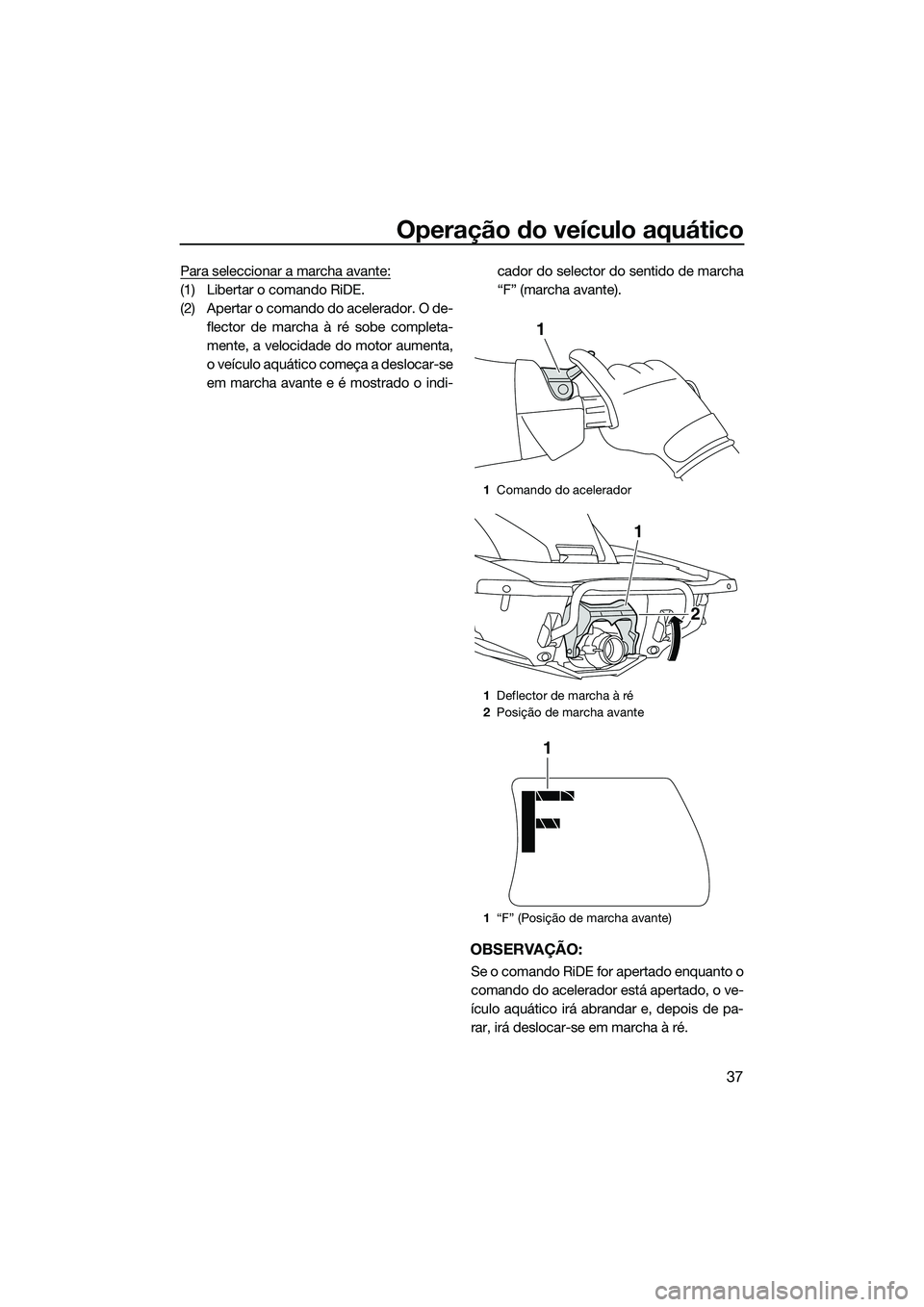 YAMAHA FX SVHO 2015  Manual de utilização (in Portuguese) Operação do veículo aquático
37
Para seleccionar a marcha avante:
(1) Libertar o comando RiDE.
(2) Apertar o comando do acelerador. O de-
flector de marcha à ré sobe completa-
mente, a velocidad
