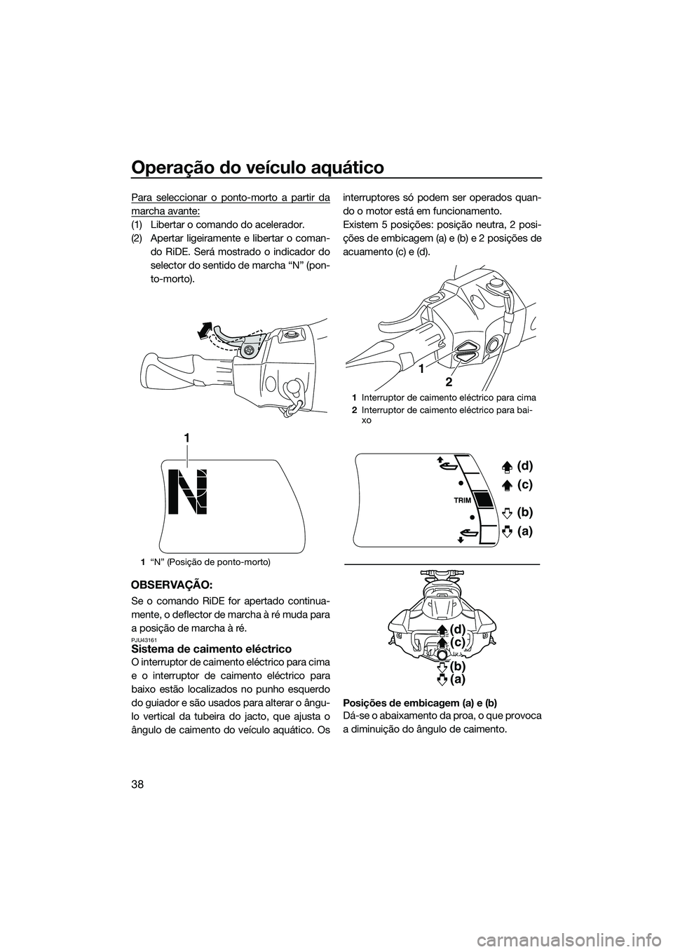 YAMAHA FX SVHO 2015  Manual de utilização (in Portuguese) Operação do veículo aquático
38
Para seleccionar o ponto-morto a partir da
marcha avante:
(1) Libertar o comando do acelerador.
(2) Apertar ligeiramente e libertar o coman-do RiDE. Será mostrado 