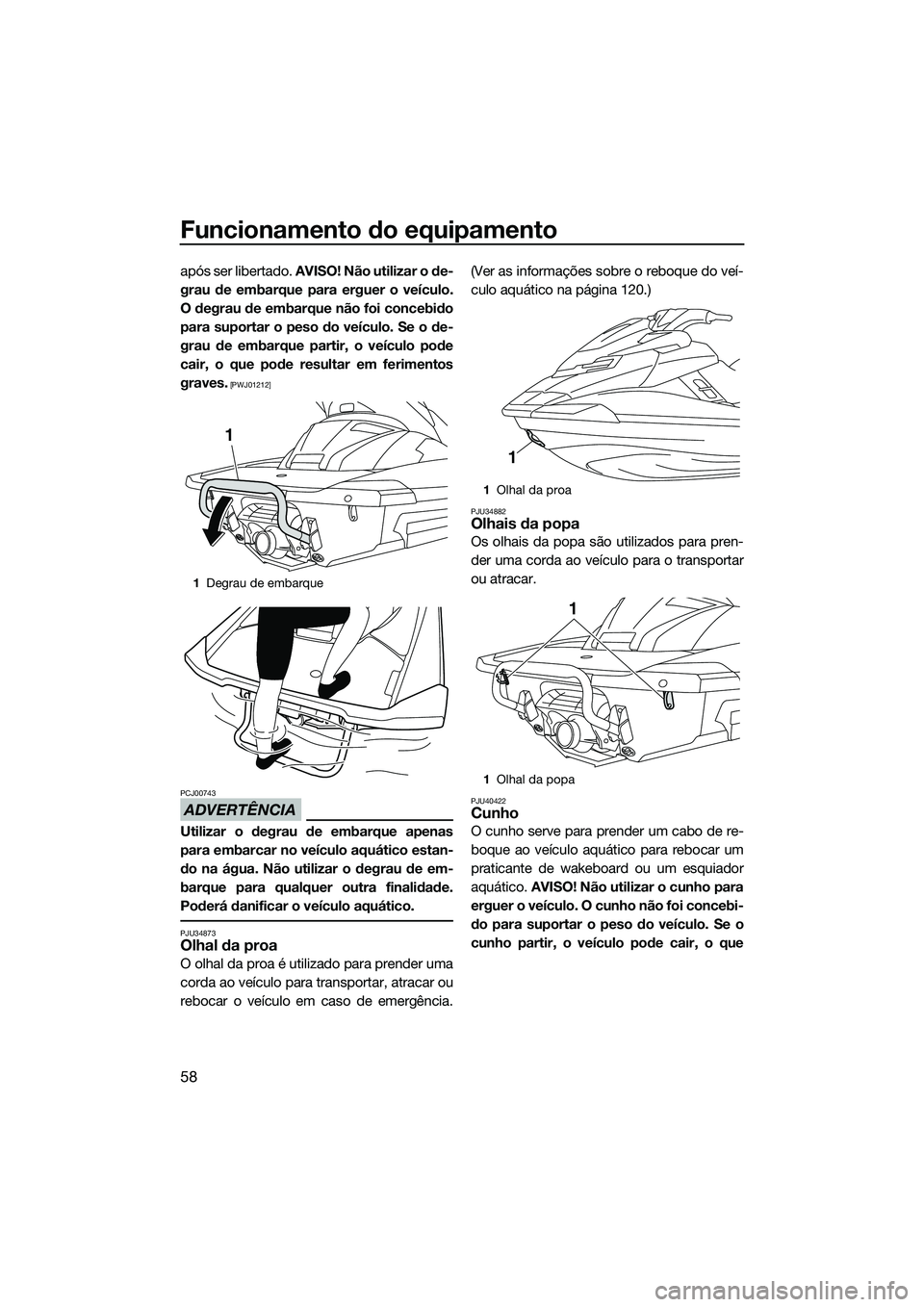 YAMAHA FX SVHO 2015  Manual de utilização (in Portuguese) Funcionamento do equipamento
58
após ser libertado. AVISO! Não utilizar o de-
grau de embarque para erguer o veículo.
O degrau de embarque não foi concebido
para suportar o peso do veículo. Se o 