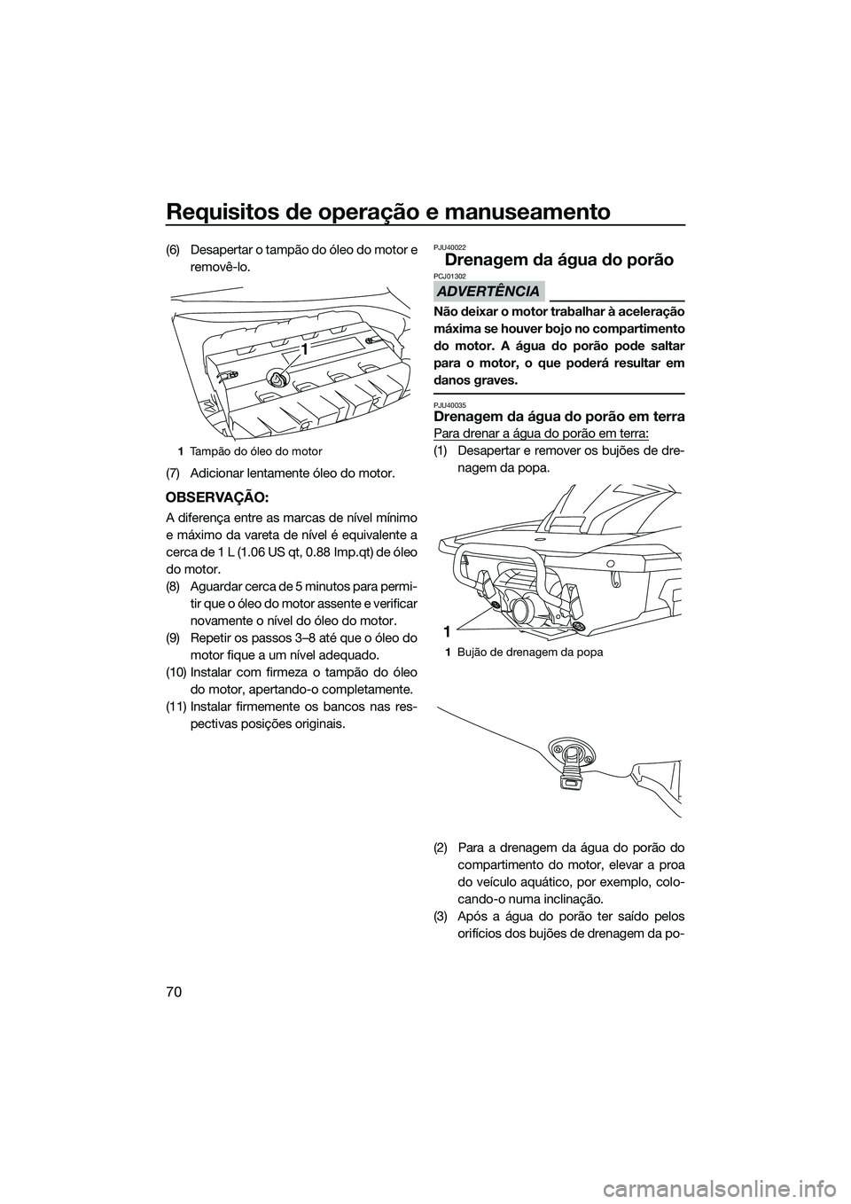 YAMAHA FX SVHO 2015 Manual de utilização (in Portuguese) Requisitos de operação e manuseamento
70
(6) Desapertar o tampão do óleo do motor eremovê-lo.
(7) Adicionar lentamente óleo do motor.
OBSERVAÇÃO:
A diferença entre as marcas de nível mínimo YAMAHA FX SVHO 2015 Manual de utilização (in Portuguese) Requisitos de operação e manuseamento
70
(6) Desapertar o tampão do óleo do motor eremovê-lo.
(7) Adicionar lentamente óleo do motor.
OBSERVAÇÃO:
A diferença entre as marcas de nível mínimo