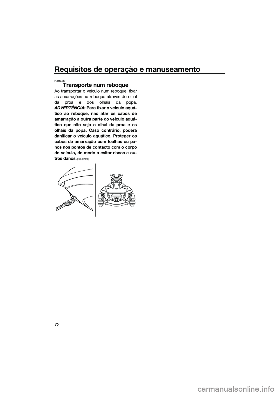 YAMAHA FX SVHO 2015 Manual de utilização (in Portuguese) Requisitos de operação e manuseamento
72
PJU42432
Transporte num reboque
Ao transportar o veículo num reboque, fixar
as amarrações ao reboque através do olhal
da proa e dos olhais da popa.
ADVER YAMAHA FX SVHO 2015 Manual de utilização (in Portuguese) Requisitos de operação e manuseamento
72
PJU42432
Transporte num reboque
Ao transportar o veículo num reboque, fixar
as amarrações ao reboque através do olhal
da proa e dos olhais da popa.
ADVER