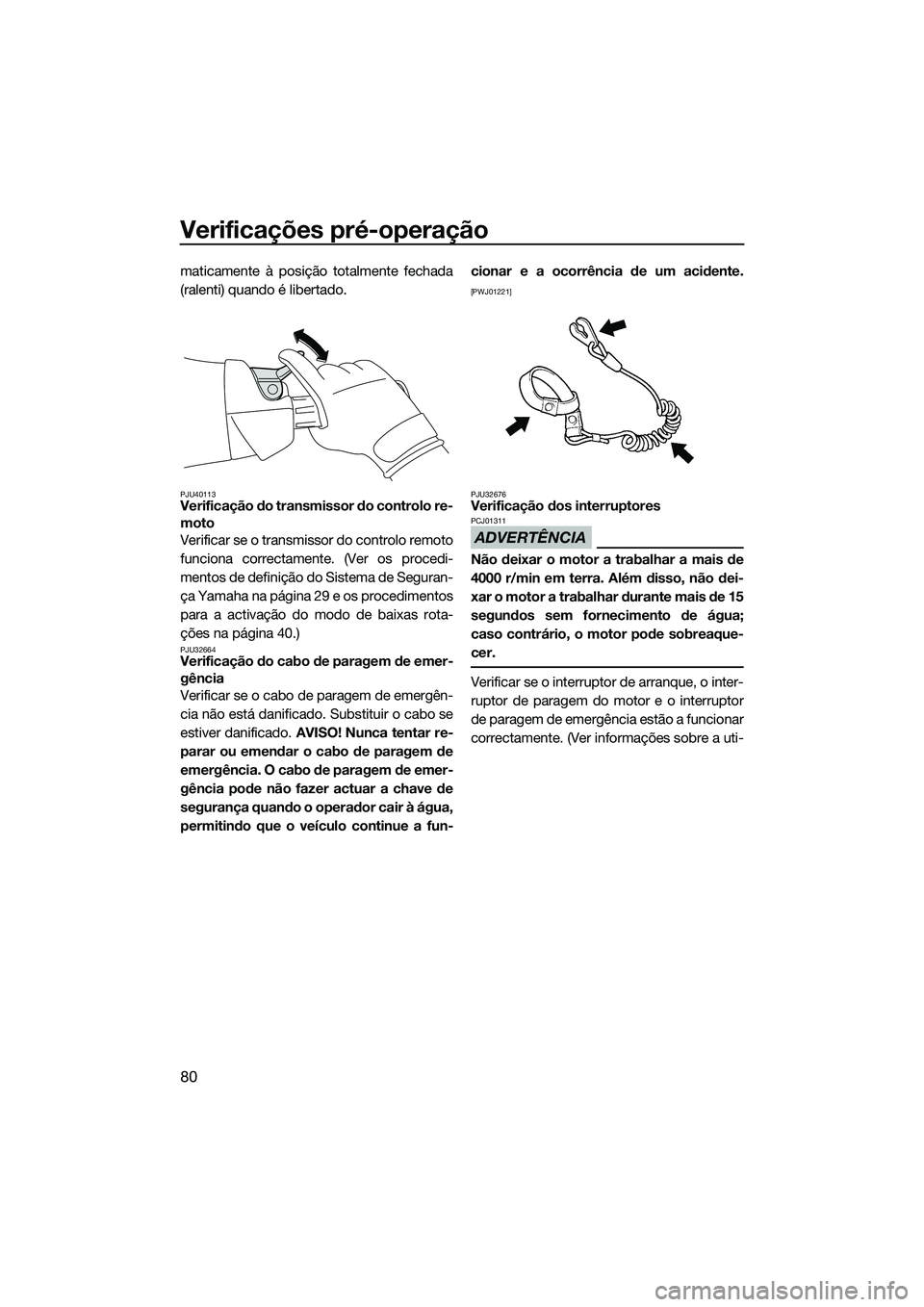 YAMAHA FX SVHO 2015 Manual de utilização (in Portuguese) Verificações pré-operação
80
maticamente à posição totalmente fechada
(ralenti) quando é libertado.
PJU40113Verificação do transmissor do controlo re-
moto
Verificar se o transmissor do con YAMAHA FX SVHO 2015 Manual de utilização (in Portuguese) Verificações pré-operação
80
maticamente à posição totalmente fechada
(ralenti) quando é libertado.
PJU40113Verificação do transmissor do controlo re-
moto
Verificar se o transmissor do con