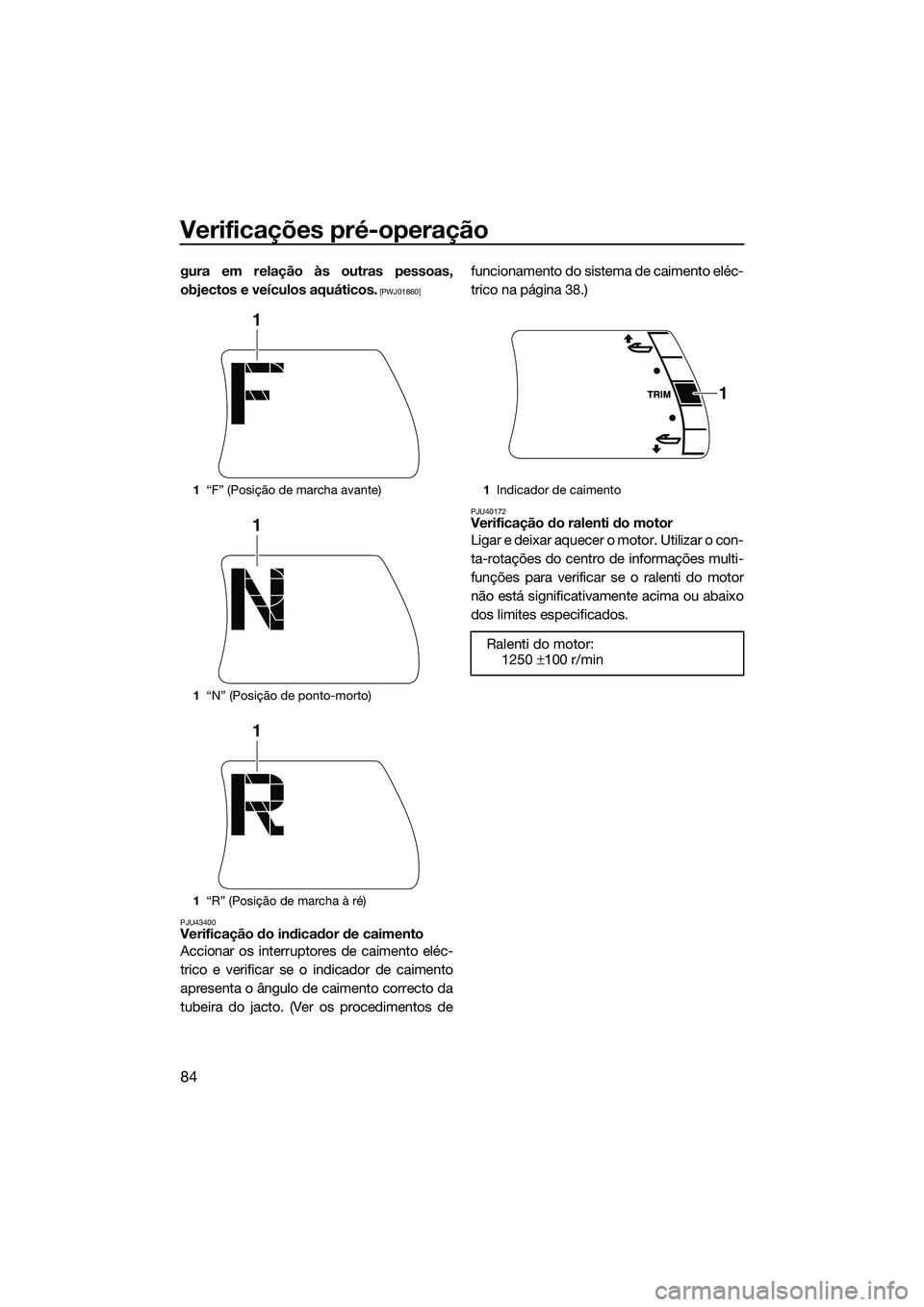 YAMAHA FX SVHO 2015  Manual de utilização (in Portuguese) Verificações pré-operação
84
gura em relação às outras pessoas,
objectos e veículos aquáticos.
 [PWJ01860]
PJU43400
Verificação do indicador de caimento
Accionar os interruptores de caimen