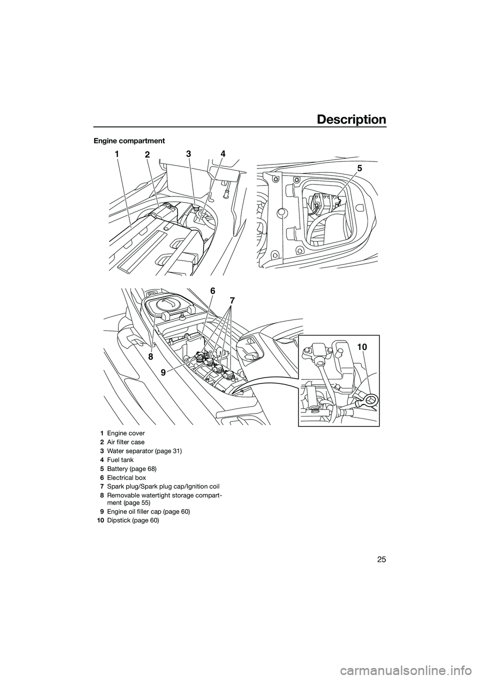YAMAHA FX SVHO 2014 Owners Guide Description
25
Engine compartment
124
9
8
5
3
6 7
10
1Engine cover
2 Air filter case
3 Water separator (page 31)
4 Fuel tank
5 Battery (page 68)
6 Electrical box
7 Spark plug/Spark plug cap/Ignition c YAMAHA FX SVHO 2014 Owners Guide Description
25
Engine compartment
124
9
8
5
3
6 7
10
1Engine cover
2 Air filter case
3 Water separator (page 31)
4 Fuel tank
5 Battery (page 68)
6 Electrical box
7 Spark plug/Spark plug cap/Ignition c