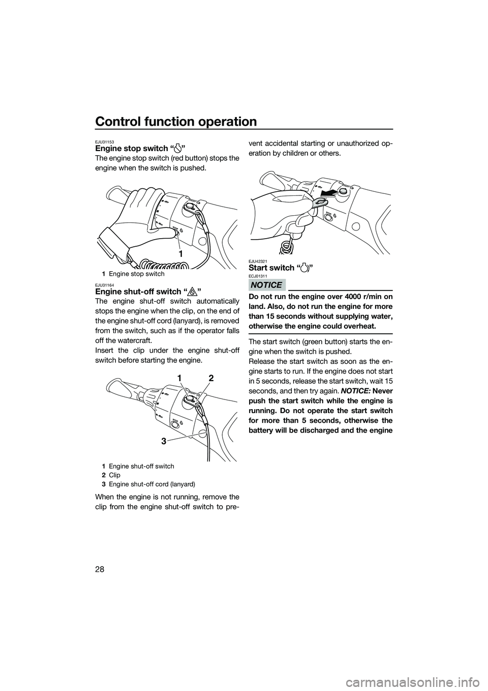YAMAHA FX SVHO 2014 Owners Guide Control function operation
28
EJU31153Engine stop switch “ ”
The engine stop switch (red button) stops the
engine when the switch is pushed.
EJU31164Engine shut-off switch “ ”
The engine shut- YAMAHA FX SVHO 2014 Owners Guide Control function operation
28
EJU31153Engine stop switch “ ”
The engine stop switch (red button) stops the
engine when the switch is pushed.
EJU31164Engine shut-off switch “ ”
The engine shut-
