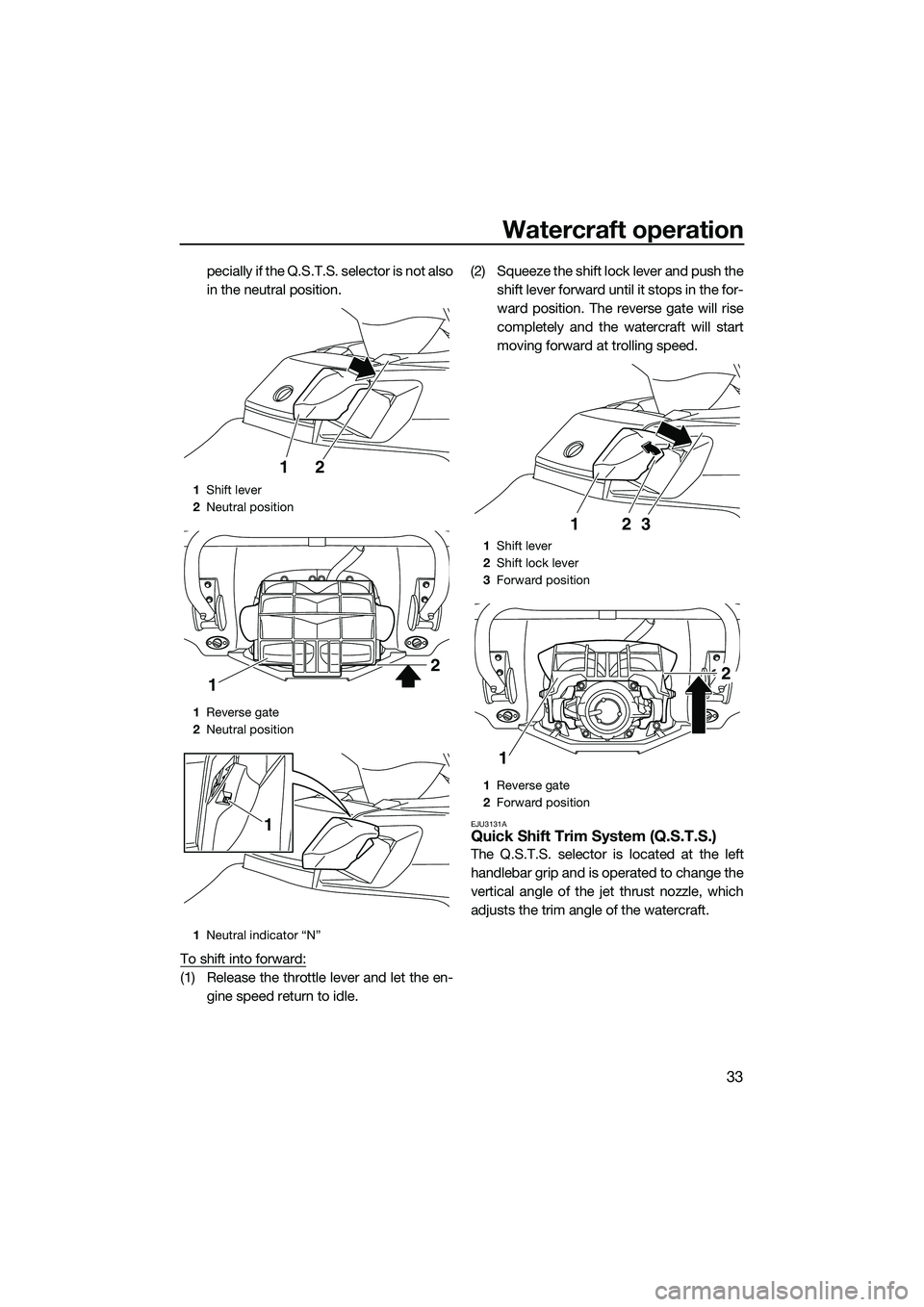 YAMAHA FX SVHO 2014  Owners Manual Watercraft operation
33
pecially if the Q.S.T.S. selector is not also
in the neutral position.
To shift into forward:
(1) Release the throttle lever and let the en- gine speed return to idle. (2) Sque