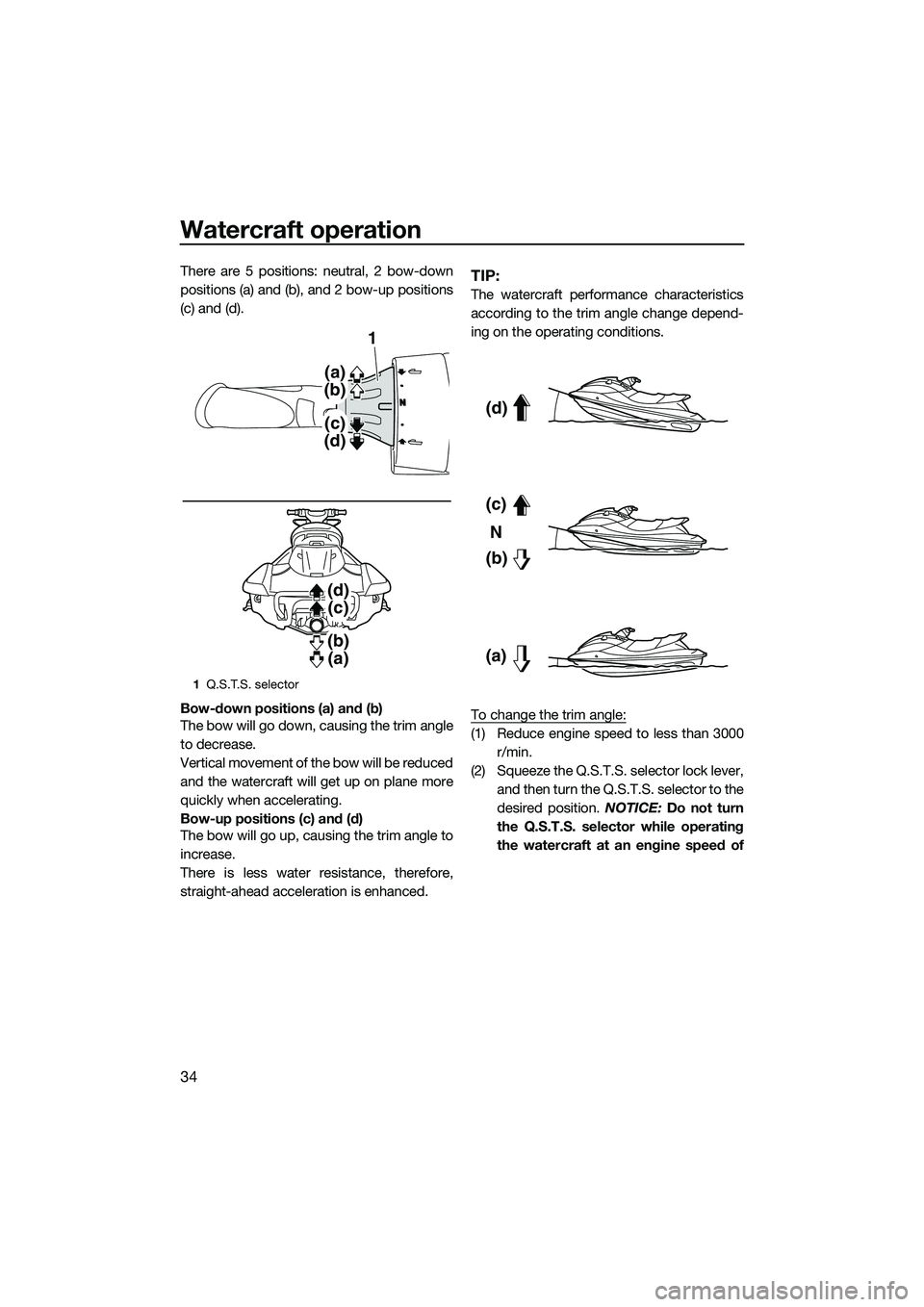 YAMAHA FX SVHO 2014 Owners Guide Watercraft operation
34
There are 5 positions: neutral, 2 bow-down
positions (a) and (b), and 2 bow-up positions
(c) and (d).
Bow-down positions (a) and (b)
The bow will go down, causing the trim angl YAMAHA FX SVHO 2014 Owners Guide Watercraft operation
34
There are 5 positions: neutral, 2 bow-down
positions (a) and (b), and 2 bow-up positions
(c) and (d).
Bow-down positions (a) and (b)
The bow will go down, causing the trim angl
