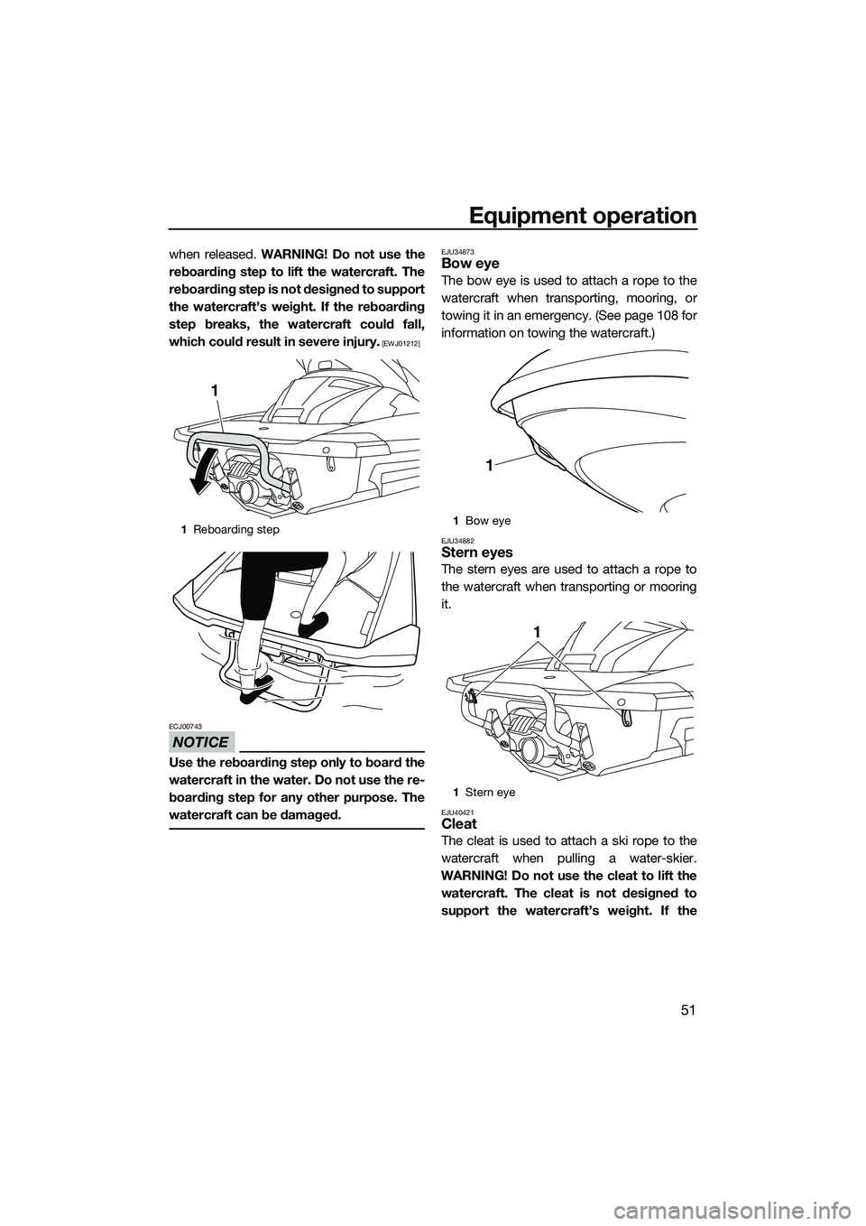 YAMAHA FX SVHO 2014 Workshop Manual Equipment operation
51
when released. WARNING! Do not use the
reboarding step to lift the watercraft. The
reboarding step is not designed to support
the watercraft’s weight. If the reboarding
step b YAMAHA FX SVHO 2014 Workshop Manual Equipment operation
51
when released. WARNING! Do not use the
reboarding step to lift the watercraft. The
reboarding step is not designed to support
the watercraft’s weight. If the reboarding
step b