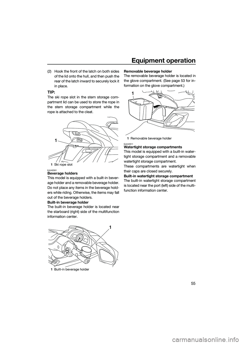 YAMAHA FX SVHO 2014 Repair Manual Equipment operation
55
(2) Hook the front of the latch on both sidesof the lid onto the hull, and then push the
rear of the latch inward to securely lock it
in place.
TIP:
The ski rope slot in the ste YAMAHA FX SVHO 2014 Repair Manual Equipment operation
55
(2) Hook the front of the latch on both sidesof the lid onto the hull, and then push the
rear of the latch inward to securely lock it
in place.
TIP:
The ski rope slot in the ste